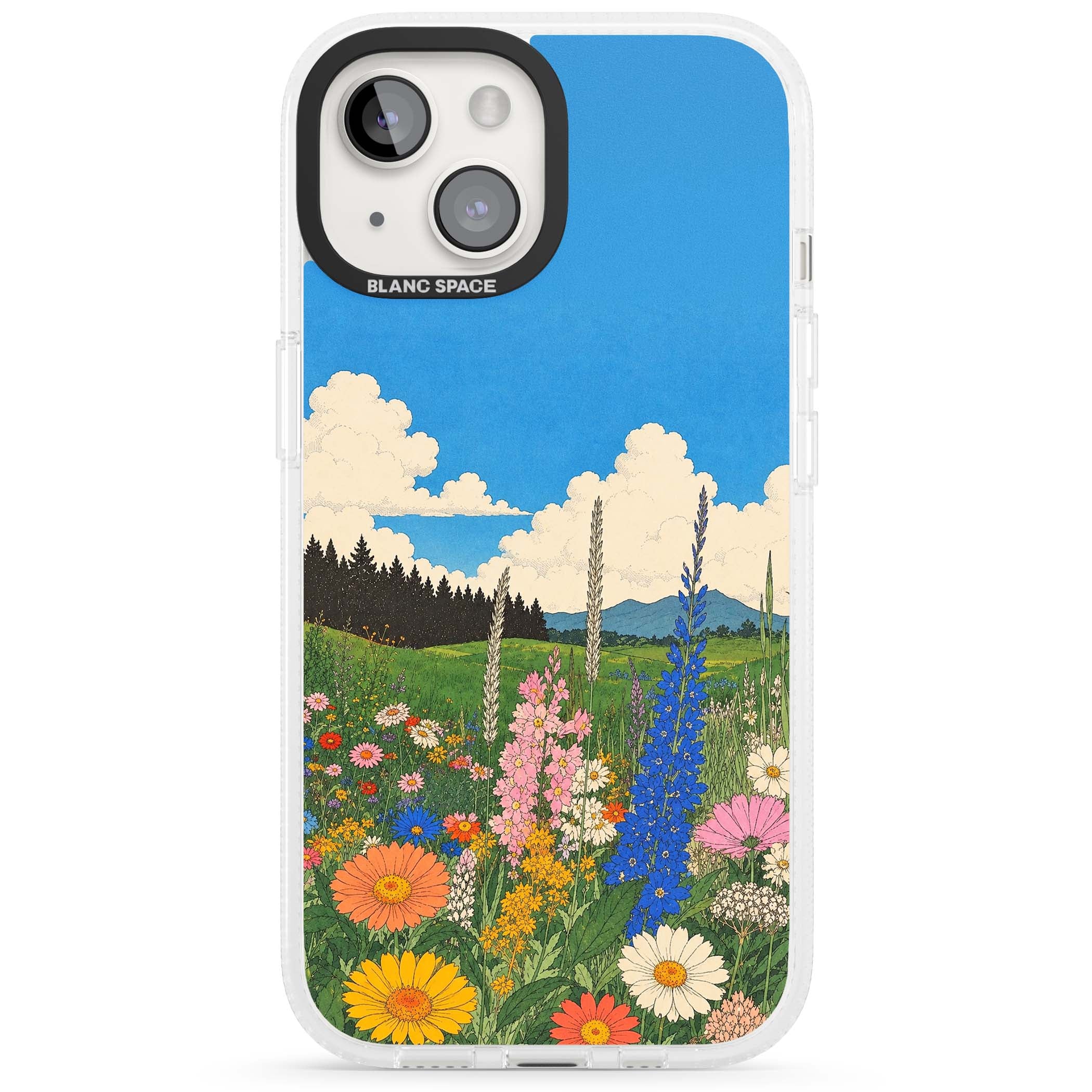 Wildbloom wildflower iPhone case featuring a vintage Japanese-style meadow landscape with daisies, delphiniums and moun | Clear Case Impact Air case for iPhone 15, iPhone 15 Plus
