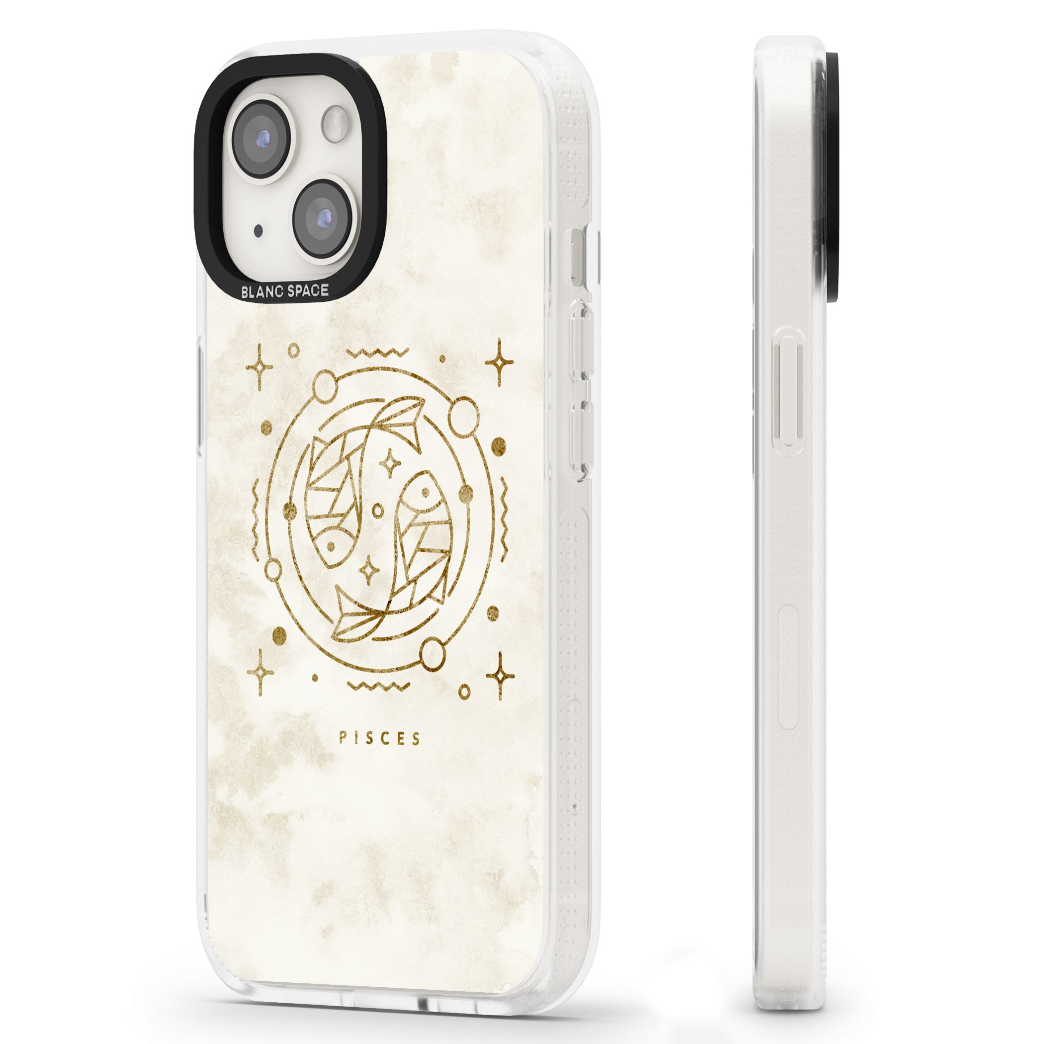 Pisces Emblem - Solid Gold Marbled Design iPhone 15 / 14 / 13 Clear Case Impact Air - Blanc Space