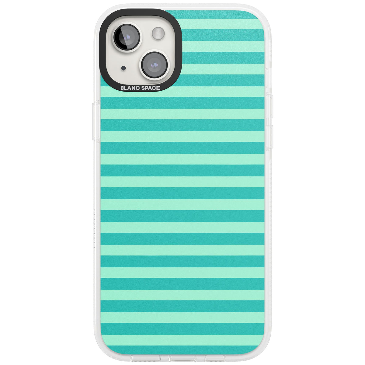Turquoise Stripe preppy iPhone case featuring horizontal teal and mint green stripes on a black protective frame iPhone 15 Plus Impact Air Phone Case front