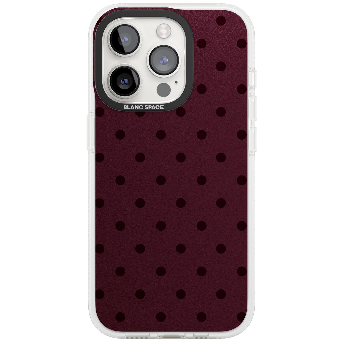 Burgundy Polka Dot minimalist iPhone case featuring black polka dots on a deep burgundy wine red background iPhone 15 Pro Impact Air Phone Case front