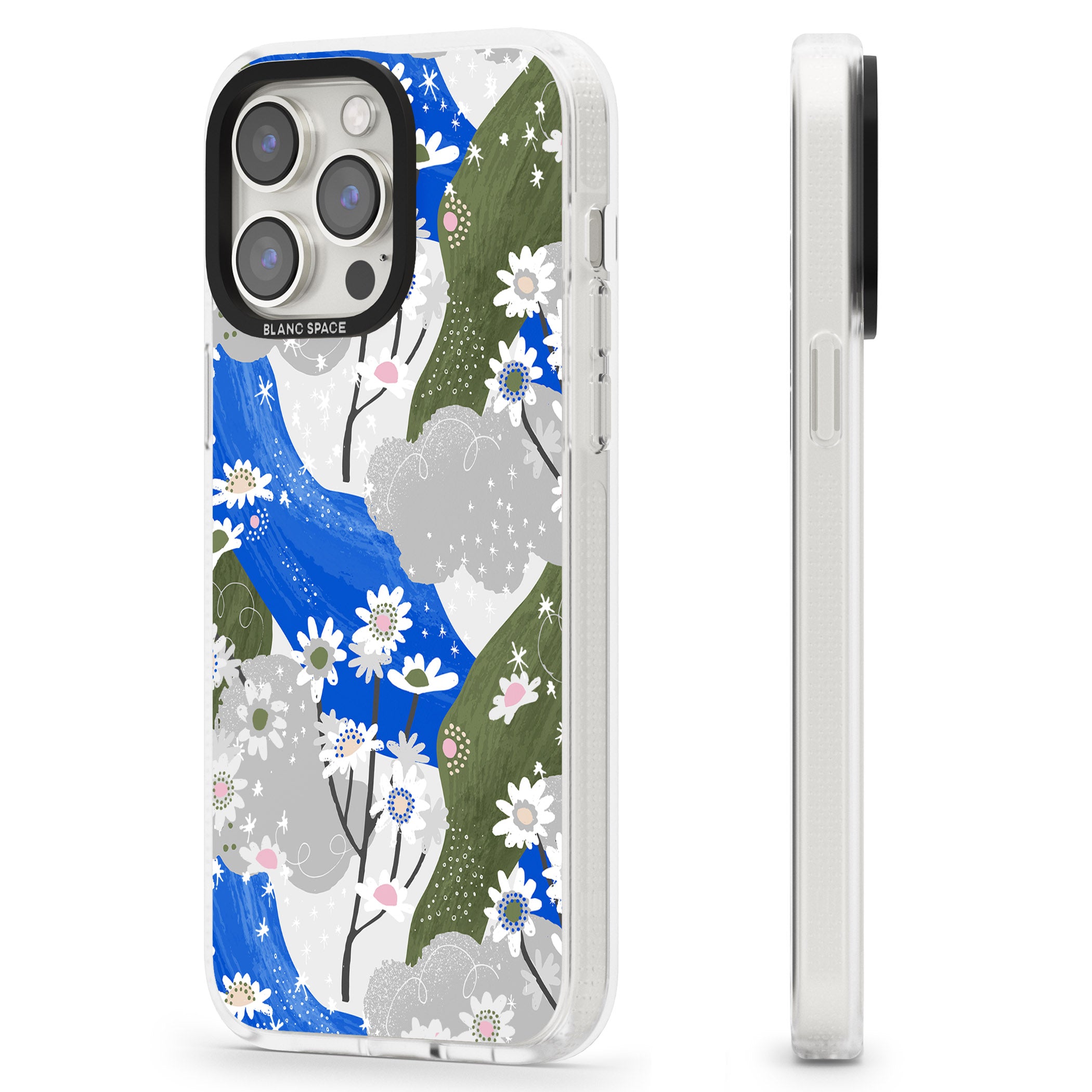 Blue & Grey Daisies Pattern iPhone 15 Pro Max / 15 Pro / 14 Pro Max / 14 Pro / 13 Pro Clear Case Impact Air - Blanc Space