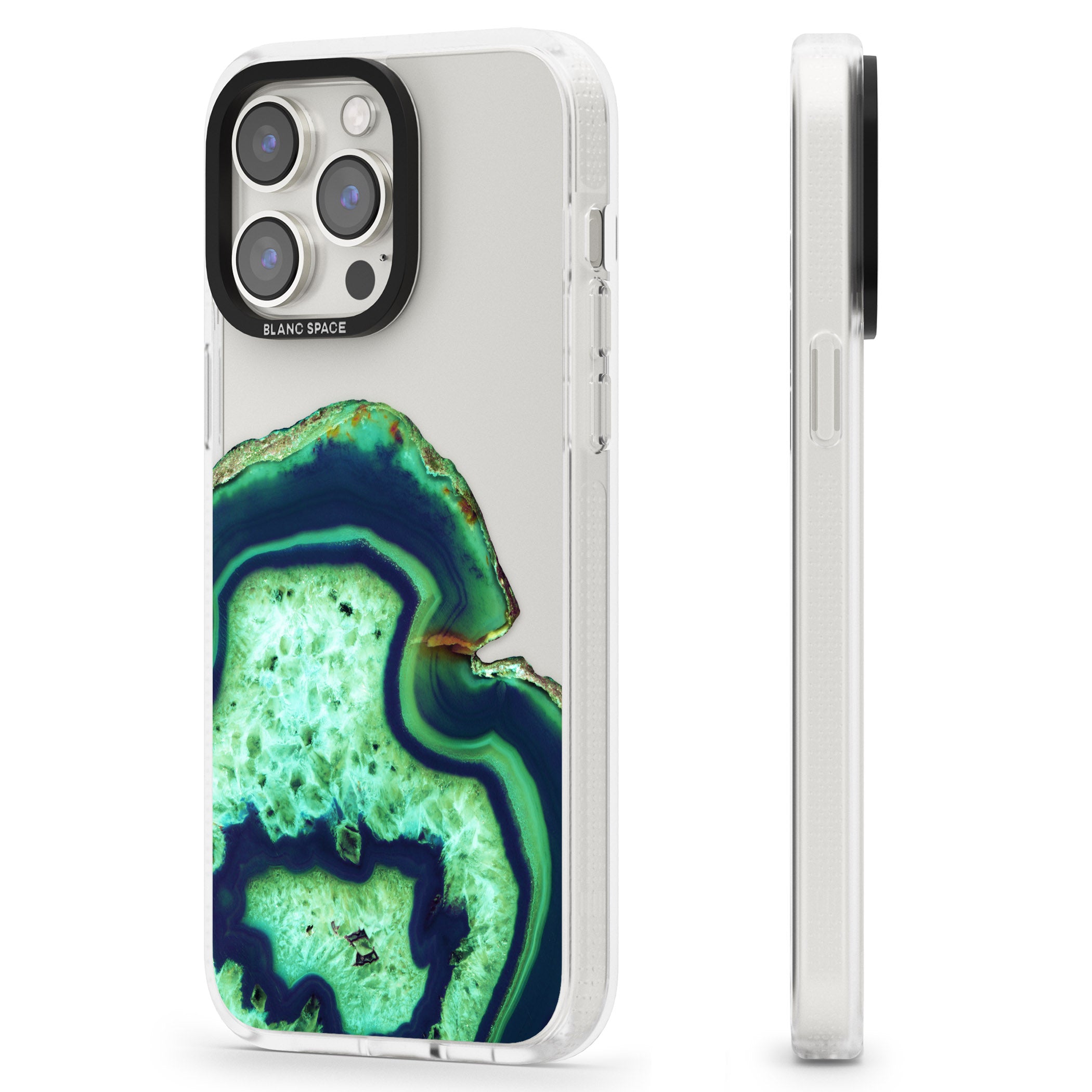 Neon Green & Blue Agate Crystal Transparent Design iPhone 15 Pro Max / 15 Pro / 14 Pro Max / 14 Pro / 13 Pro Clear Case Impact Air - Blanc Space
