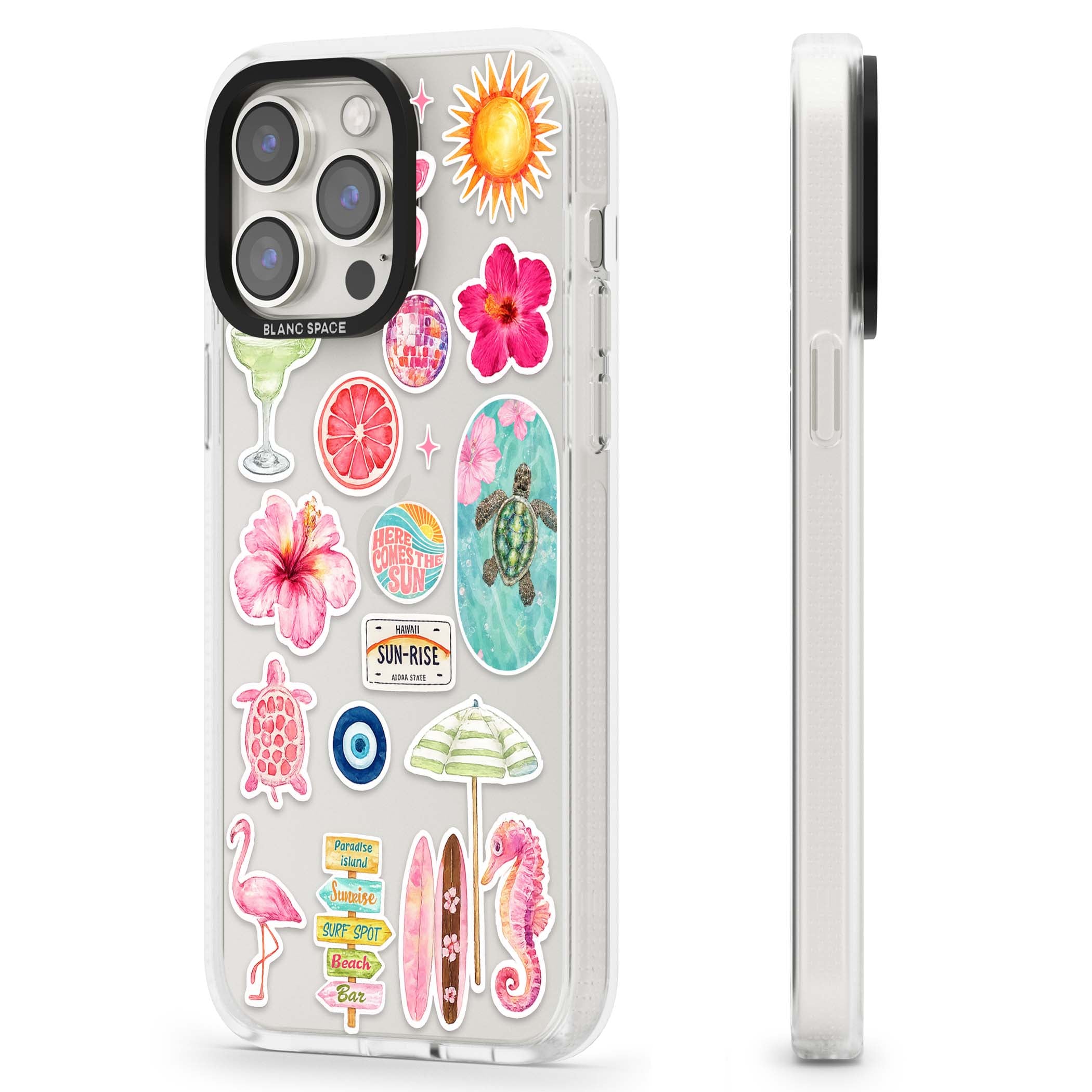 Aloha Sticker Mix tropical summer iPhone case featuring pink hibiscus, sea turtles, flamingo and beach umbrella stickers | Clear Case Impact Air case for iPhone 15 Pro, iPhone 15 Pro Max