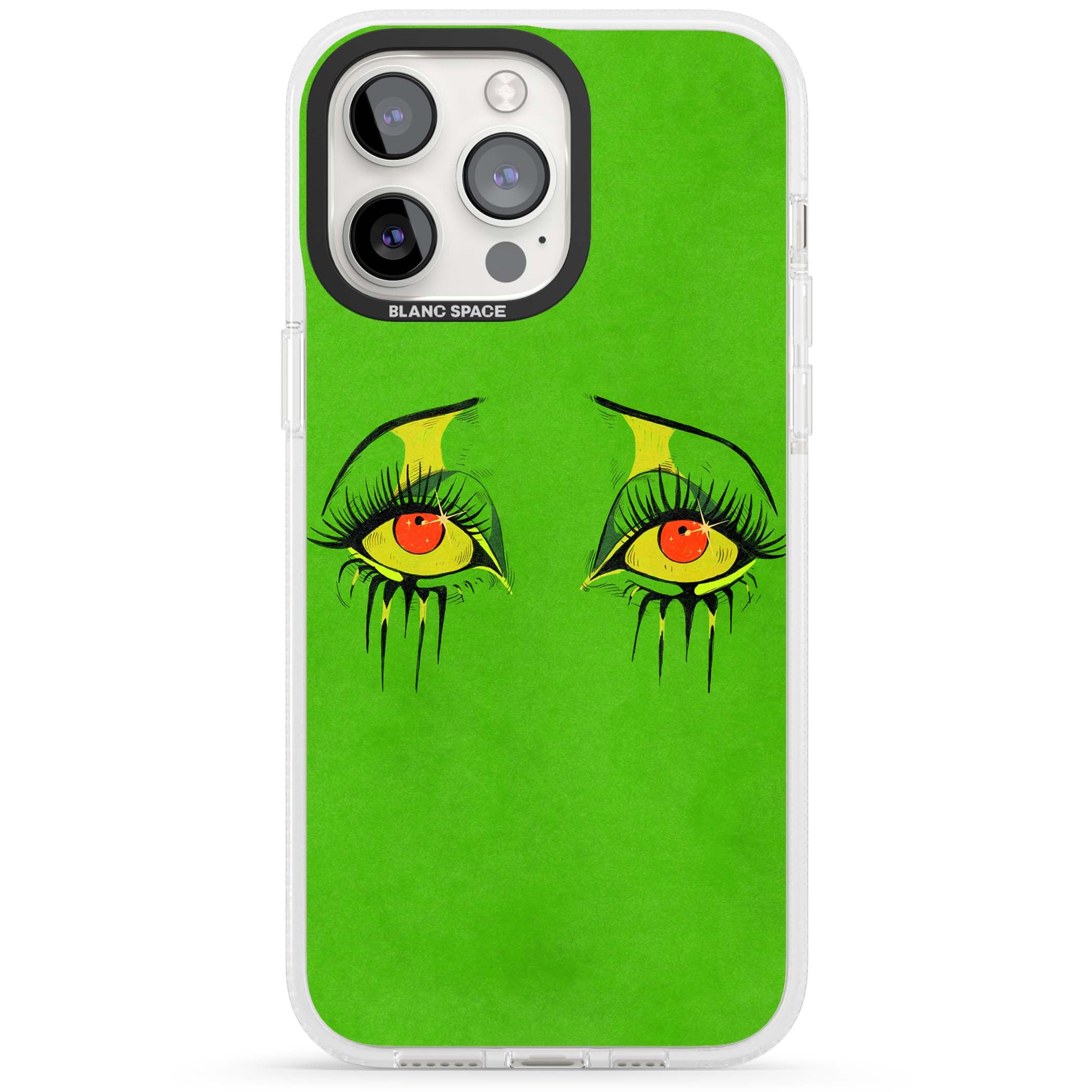 Green Enchanted Eyes psychedelic art iPhone case featuring hand-drawn dripping eyes on neon green background | Clear Case Impact Air case for iPhone 15 Pro, iPhone 15 Pro Max