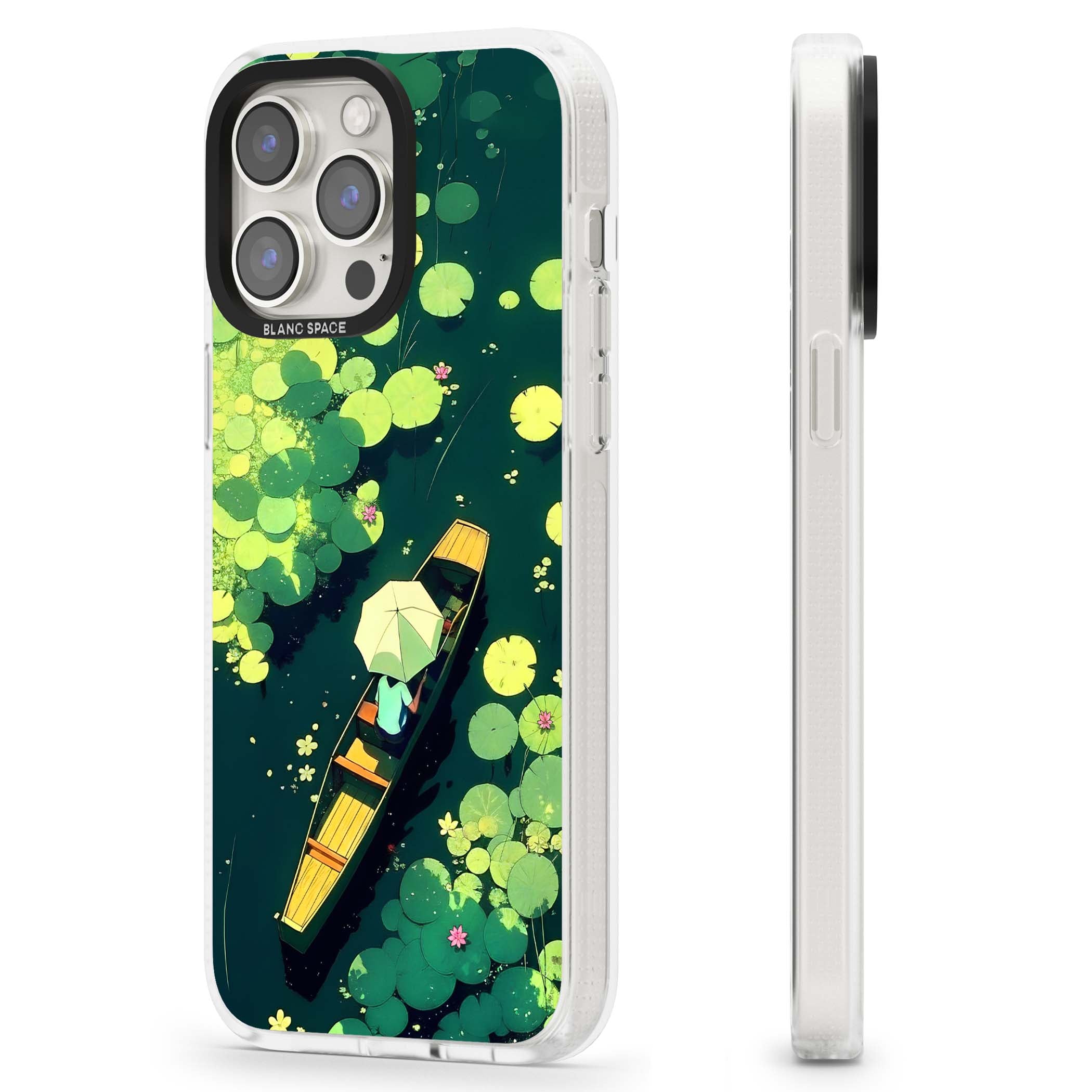 Jade Waters cottagecore iPhone case featuring a painted lily pond, wooden boat with parasol and floating water lilies | Clear Case Impact Air case for iPhone 15 Pro, iPhone 15 Pro Max