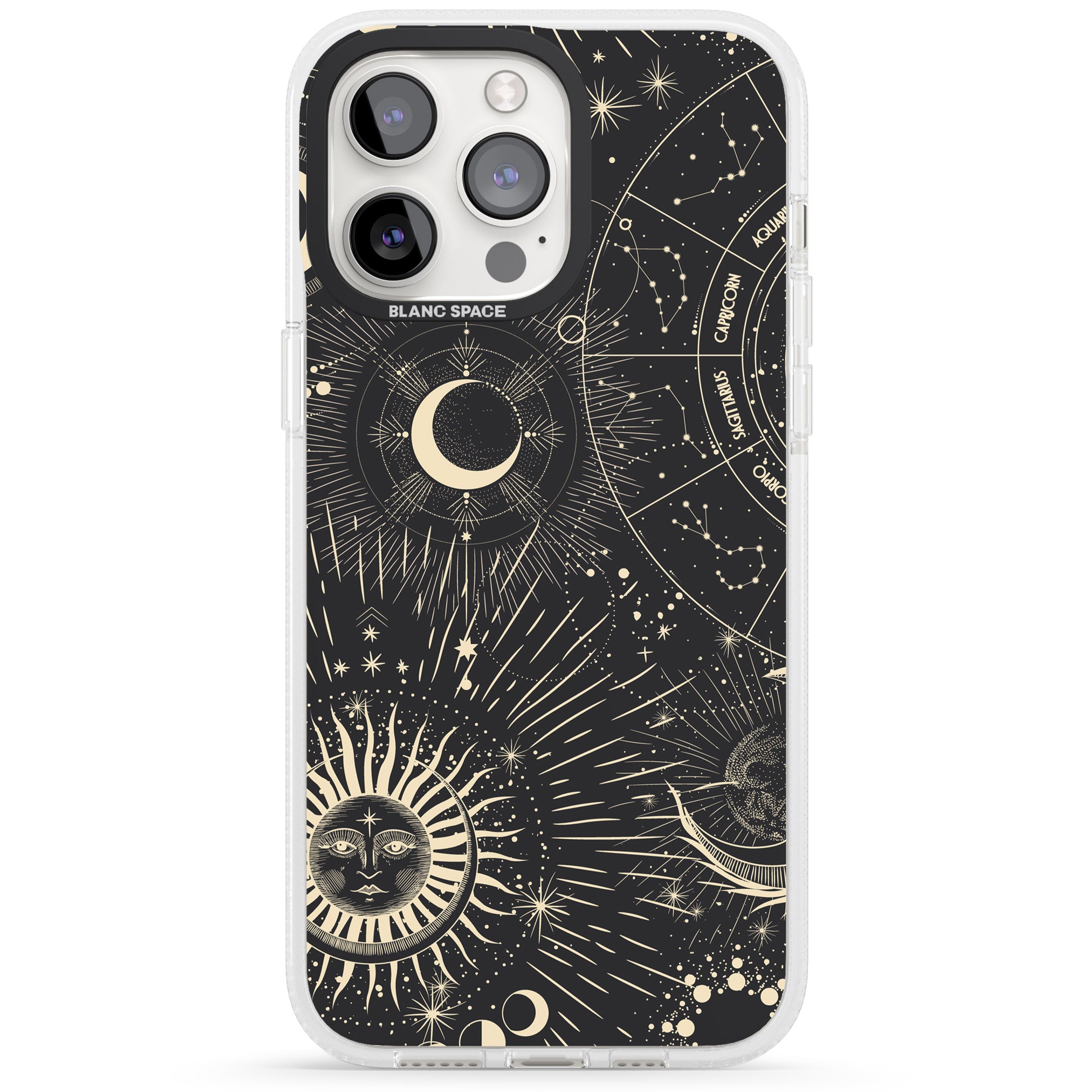 Sun & Symbols Astrological iPhone 15 Pro Max / 15 Pro / 14 Pro Max / 14 Pro / 13 Pro Clear Case Impact Air - Blanc Space