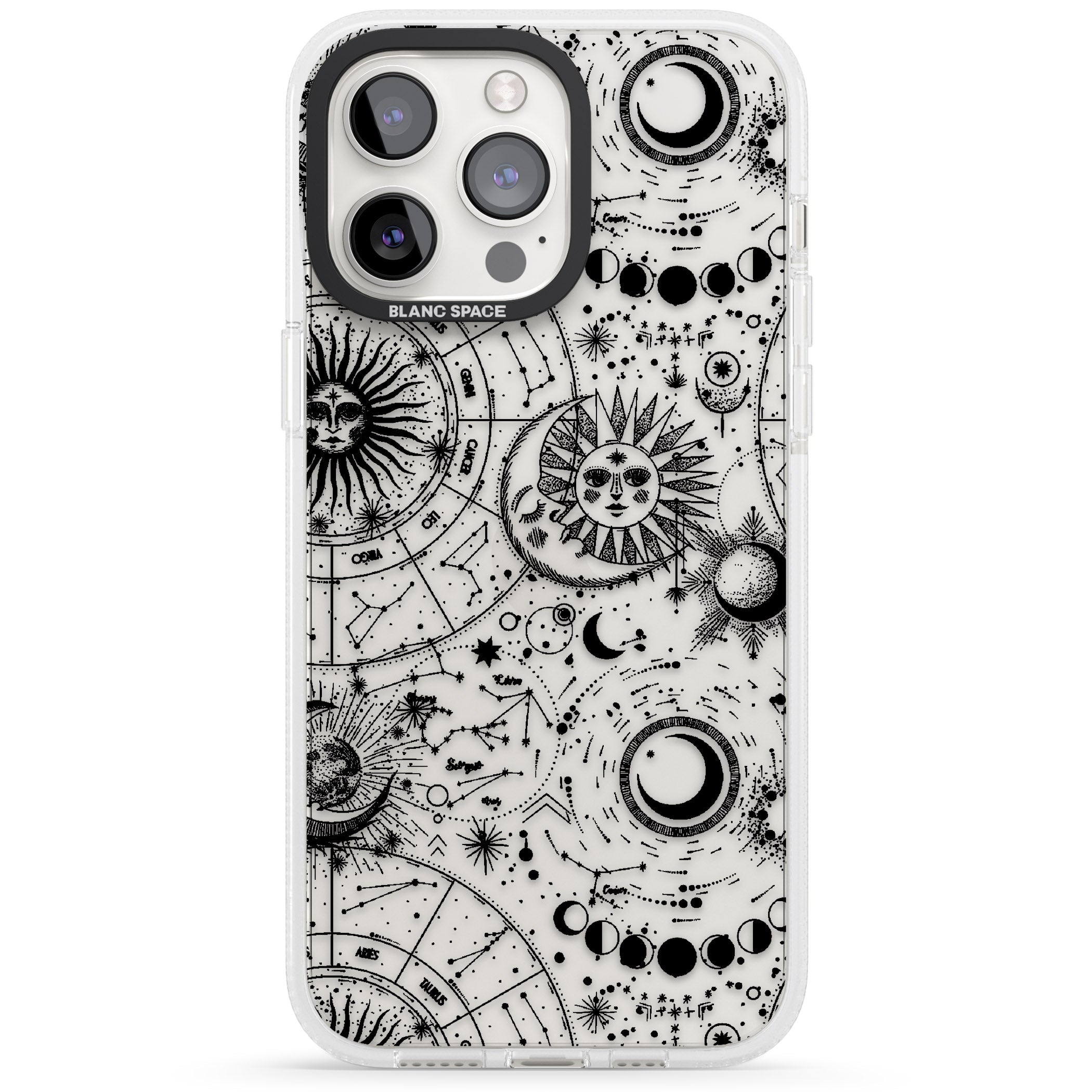Suns, Moons, Zodiac Signs Astrological iPhone 15 Pro Max / 15 Pro / 14 Pro Max / 14 Pro / 13 Pro Clear Case Impact Air - Blanc Space