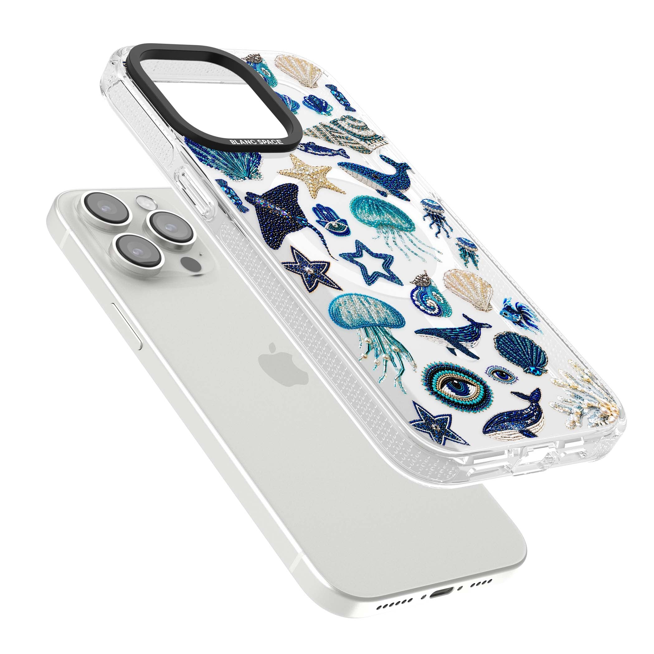 Beaded Coastal coastal iPhone case featuring embroidered seashells, jellyfish and a blue whale on clear | Clear Case Impact Air case for iPhone 15 Pro, iPhone 15 Pro Max