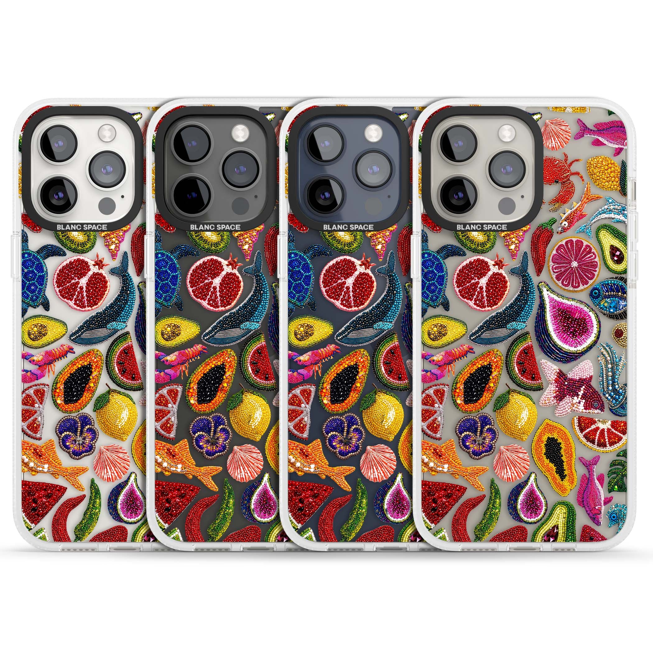 Beaded Tropic tropical iPhone case featuring beaded fruit, fish, crabs and seashells in vibrant colour | Clear Case Impact Air case for iPhone 15 Pro, iPhone 15 Pro Max