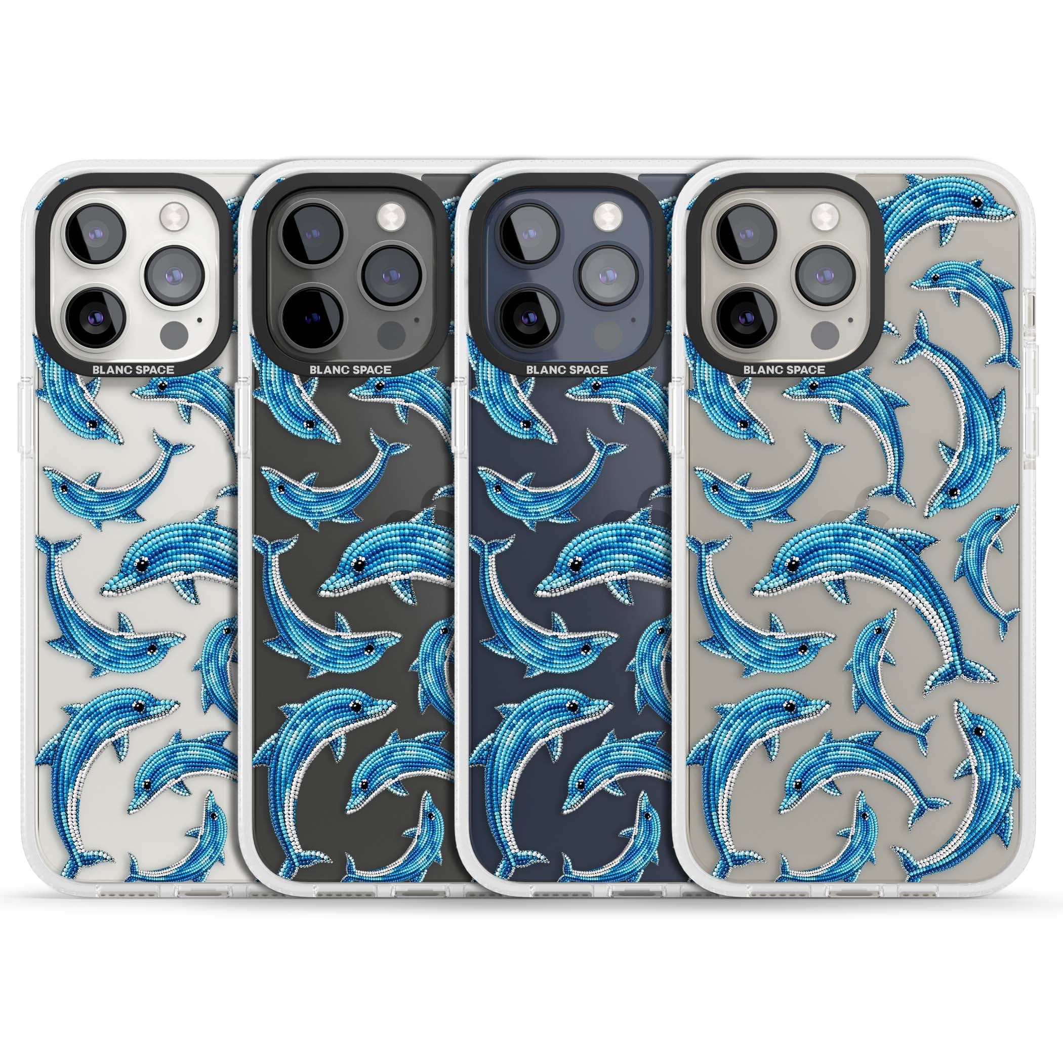 Beaded Dolphins coastal iPhone case featuring beaded dolphins in blue and white swimming across a clear background | Clear Case Impact Air case for iPhone 15 Pro, iPhone 15 Pro Max