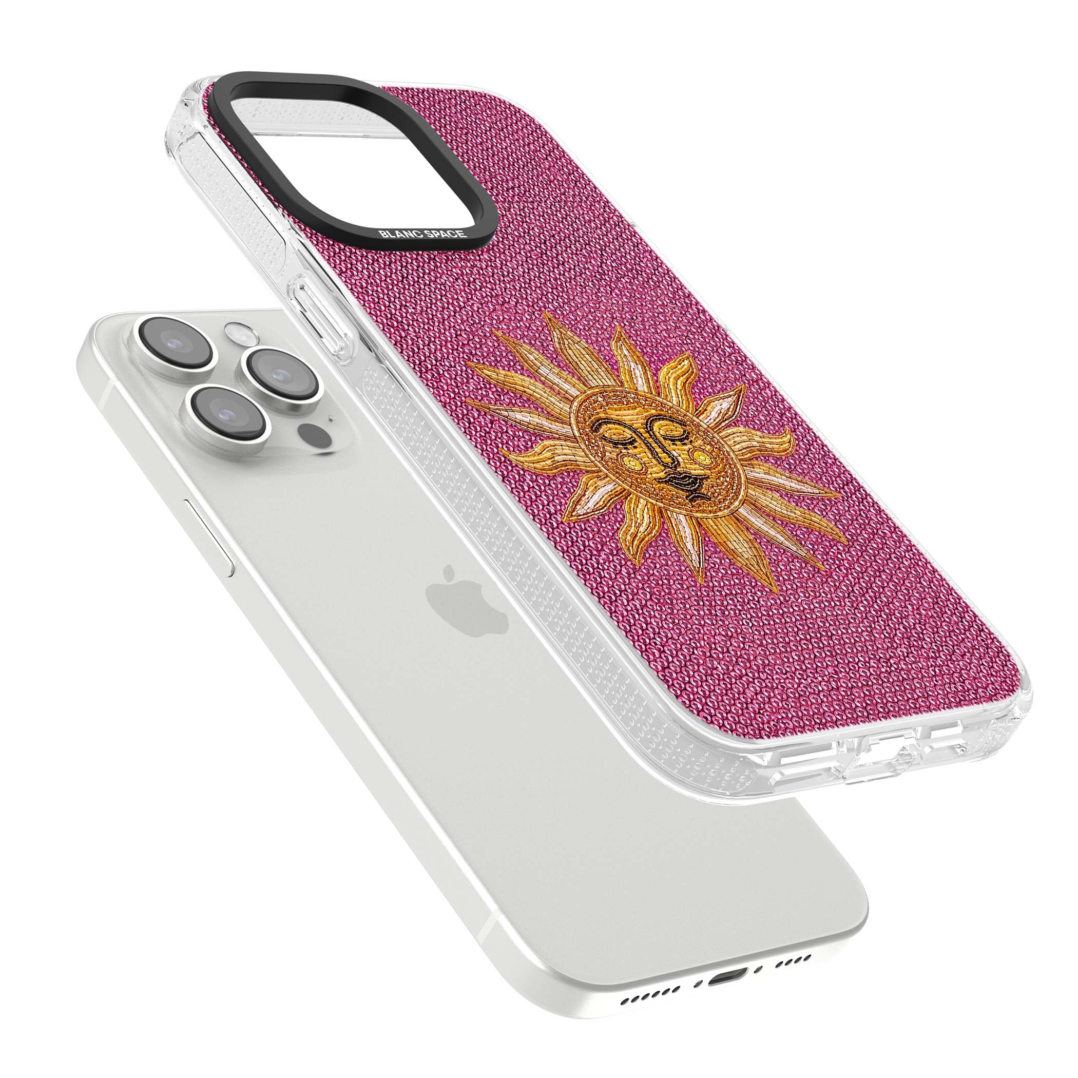 Beaded Sun celestial iPhone case featuring a golden beaded sun face with radiant rays on hot pink beaded background | Clear Case Impact Air case for iPhone 15 Pro, iPhone 15 Pro Max