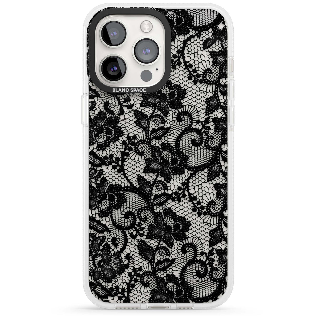 Black Lace gothic iPhone case featuring intricate black floral lace pattern with vintage whimsigoth detail | Clear Case Impact Air case for iPhone 15 Pro, iPhone 15 Pro Max