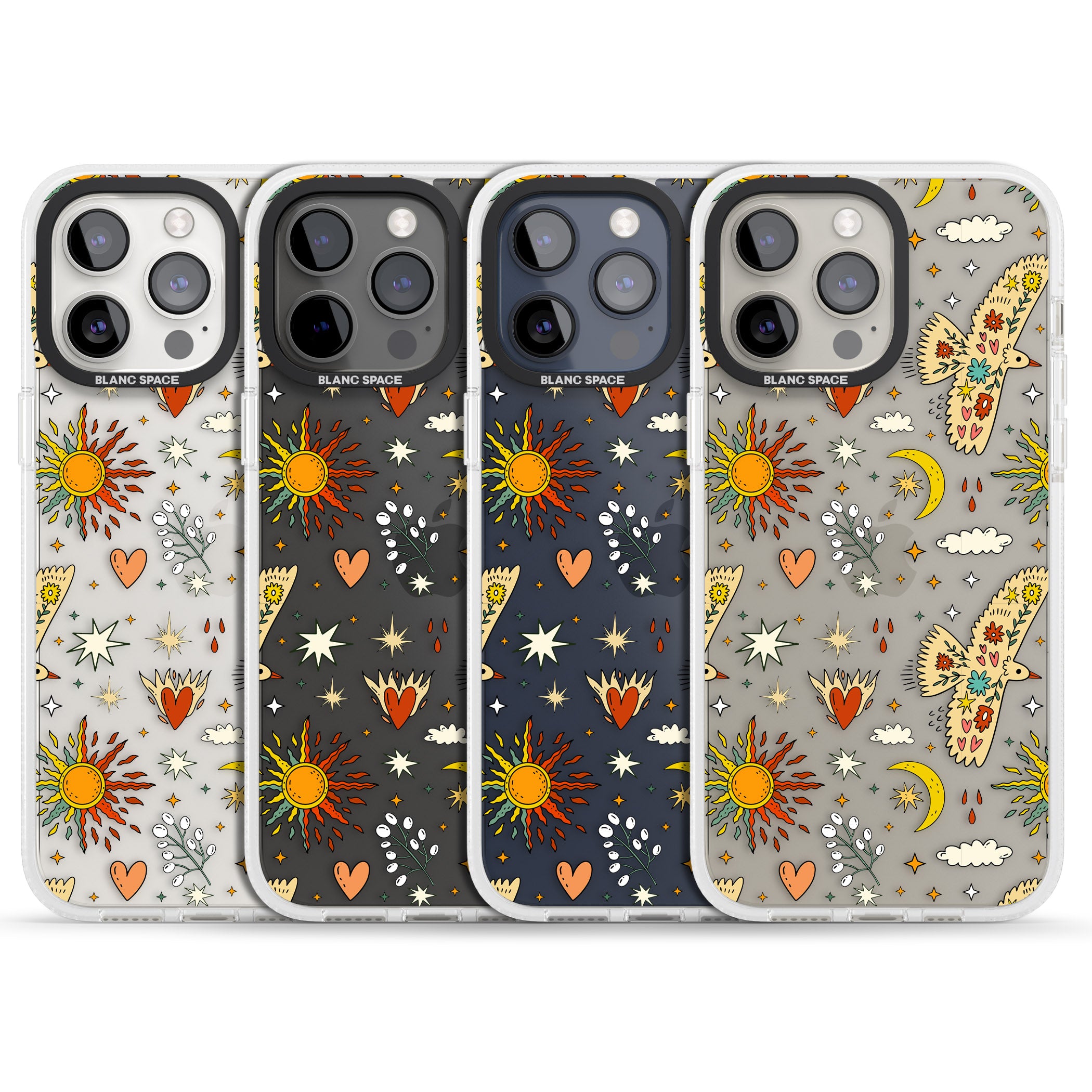 Boho Celestial Floral Bird & Sun iPhone 15 Pro Max / 15 Pro / 14 Pro Max / 14 Pro / 13 Pro Clear Case Impact Air - Blanc Space