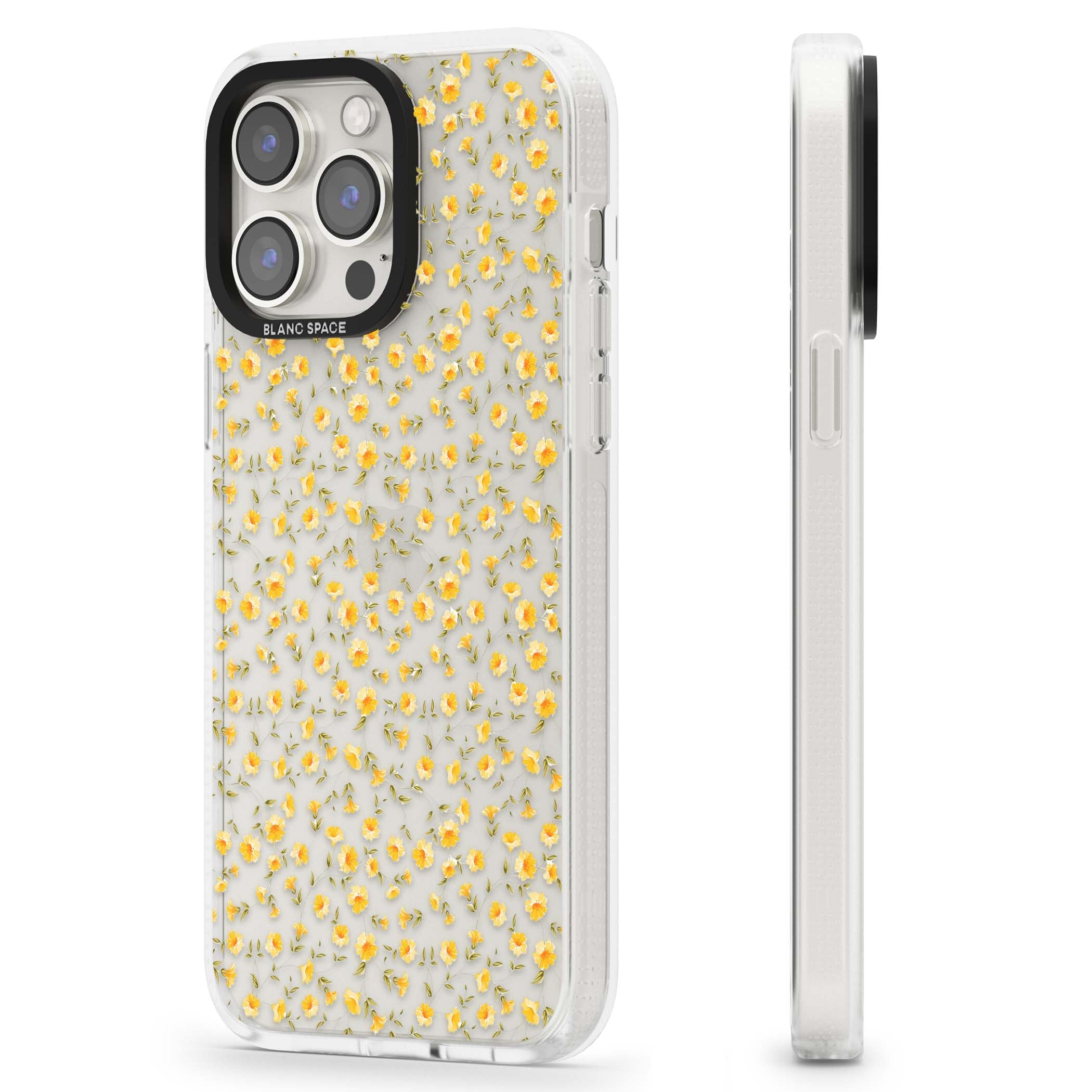 Buttercup wildflower iPhone case featuring tiny yellow flowers and trailing green vines on clear | Clear Case Impact Air case for iPhone 15 Pro, iPhone 15 Pro Max