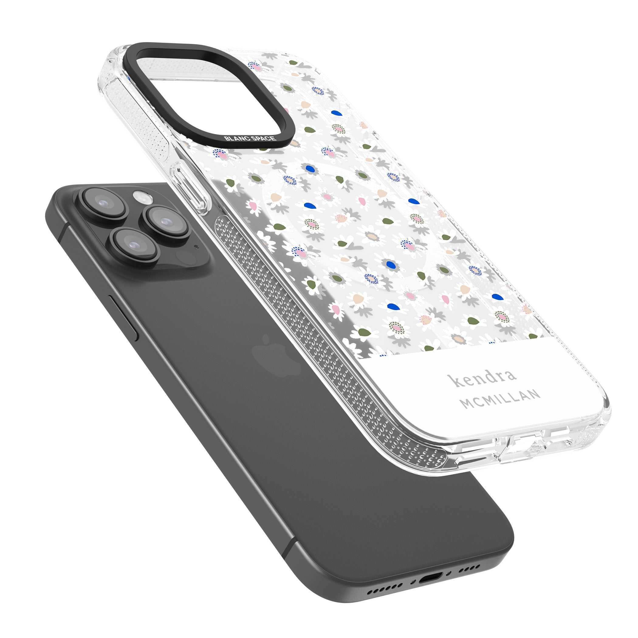 Personalised Grey & White Daisies Floral Design iPhone 15 Pro Max / 15 Pro / 14 Pro Max / 14 Pro / 13 Pro Clear Case Impact Air - Blanc Space