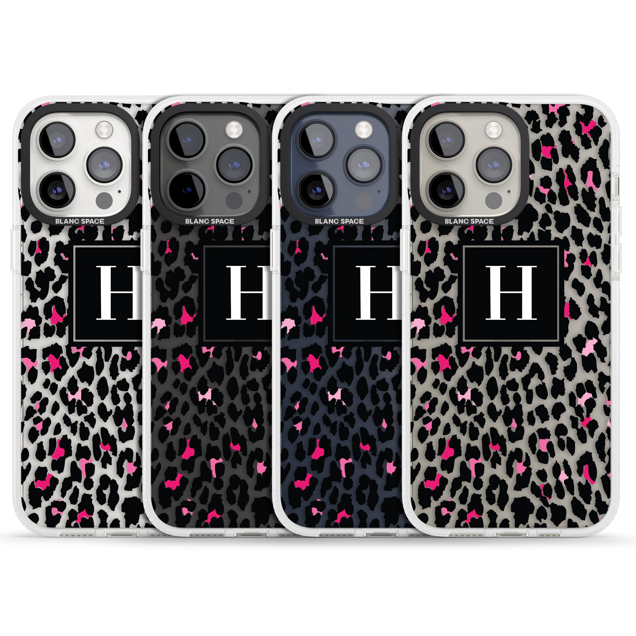 Personalised Pink Monogram Leopard Spots iPhone 15 Pro Max / 15 Pro / 14 Pro Max / 14 Pro / 13 Pro Clear Case Impact Air - Blanc Space