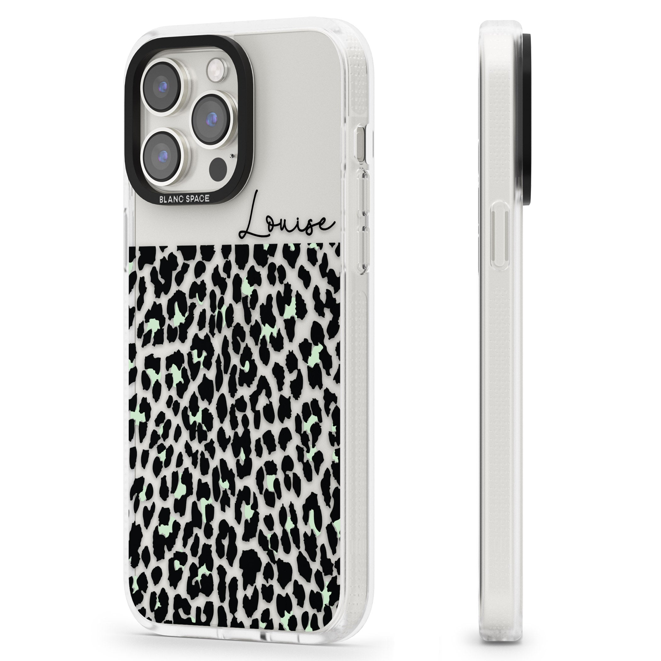Personalised Seafoam Green & Cursive Leopard Spots iPhone 15 Pro Max / 15 Pro / 14 Pro Max / 14 Pro / 13 Pro Clear Case Impact Air - Blanc Space
