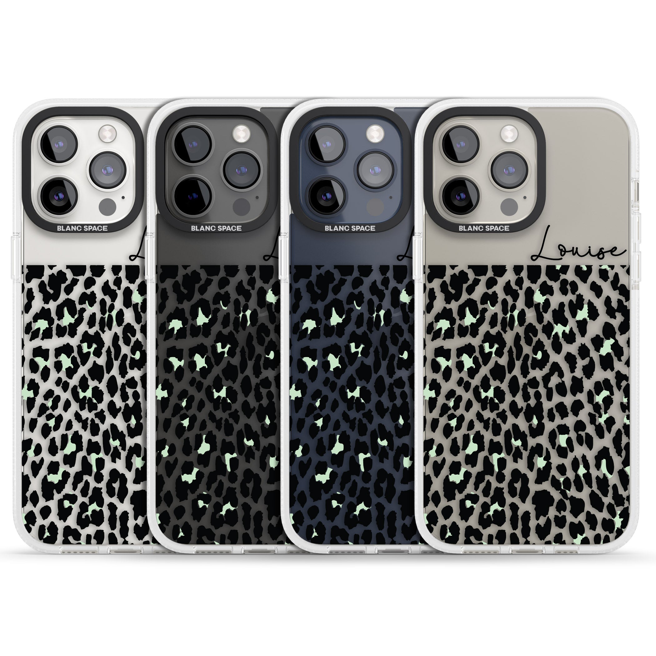 Personalised Seafoam Green & Cursive Leopard Spots iPhone 15 Pro Max / 15 Pro / 14 Pro Max / 14 Pro / 13 Pro Clear Case Impact Air - Blanc Space