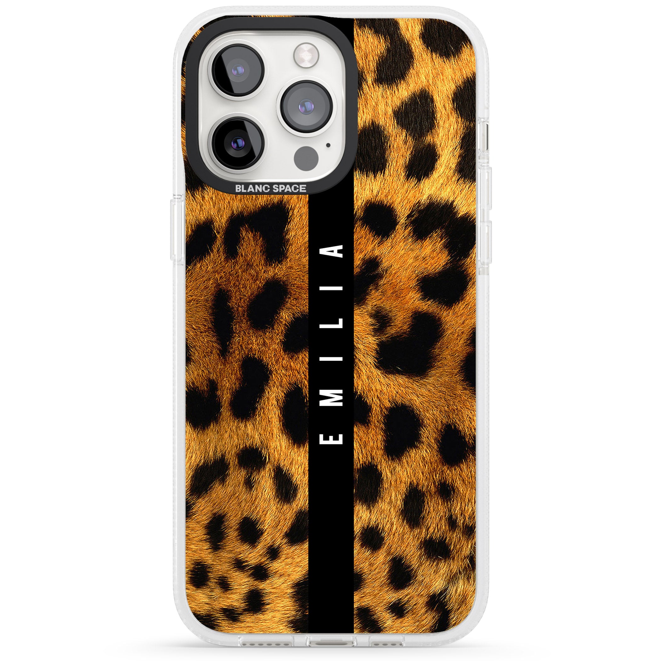 Personalised Leopard Print iPhone 15 Pro Max / 15 Pro / 14 Pro Max / 14 Pro / 13 Pro Clear Case Impact Air - Blanc Space