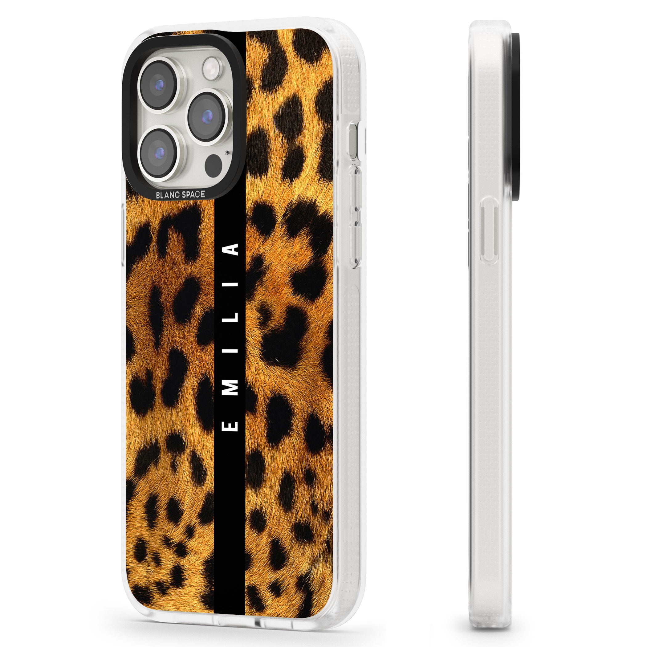 Personalised Leopard Print iPhone 15 Pro Max / 15 Pro / 14 Pro Max / 14 Pro / 13 Pro Clear Case Impact Air - Blanc Space