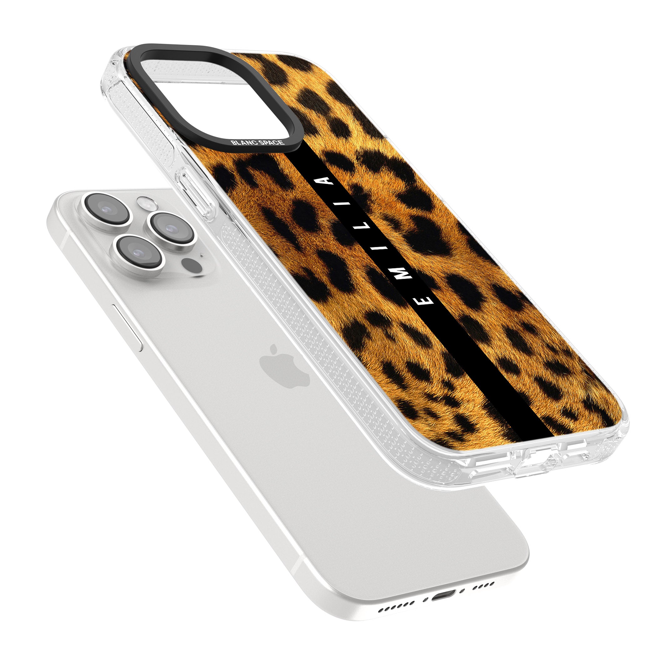 Personalised Leopard Print iPhone 15 Pro Max / 15 Pro / 14 Pro Max / 14 Pro / 13 Pro Clear Case Impact Air - Blanc Space