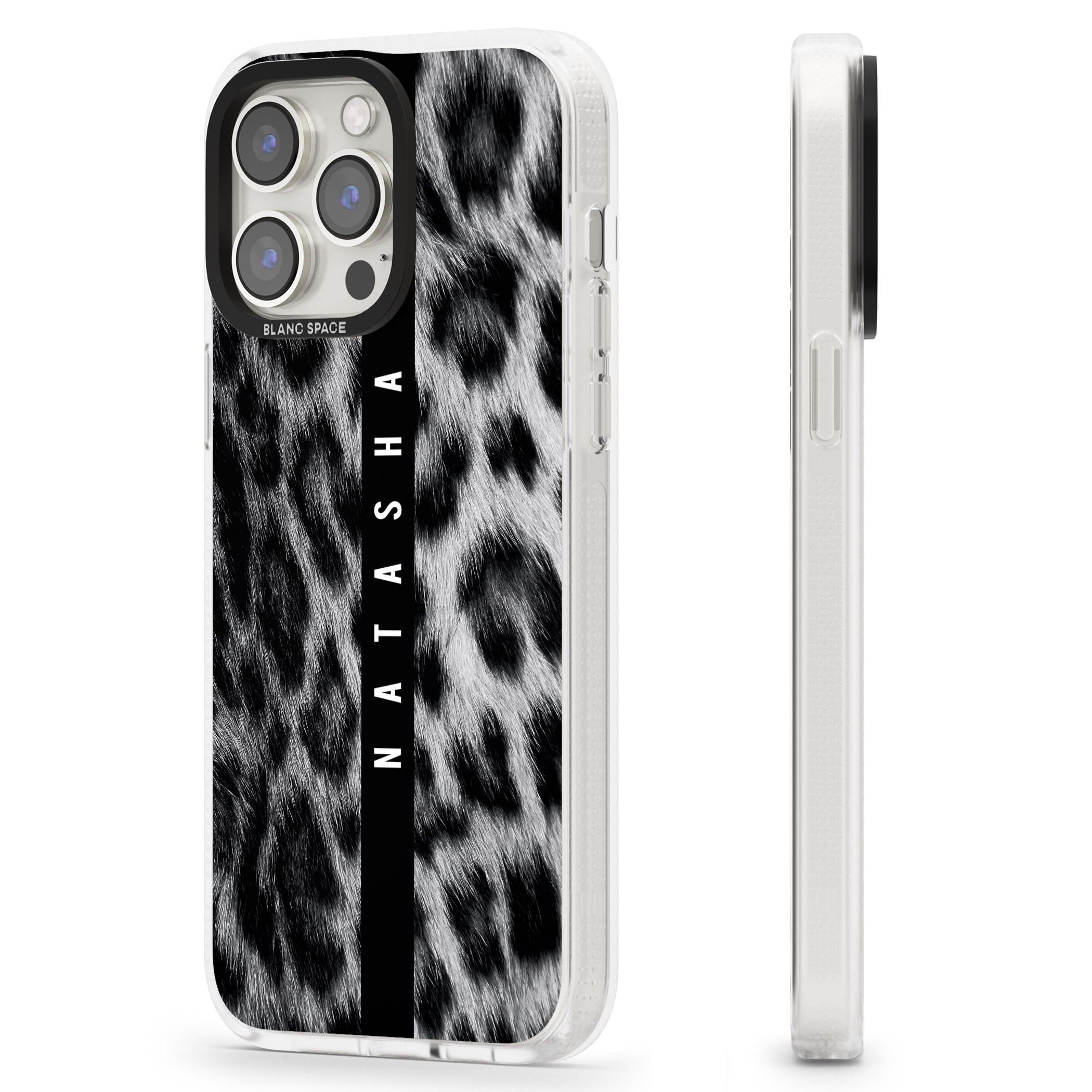 Personalised Snow Leopard Print iPhone 15 Pro Max / 15 Pro / 14 Pro Max / 14 Pro / 13 Pro Clear Case Impact Air - Blanc Space