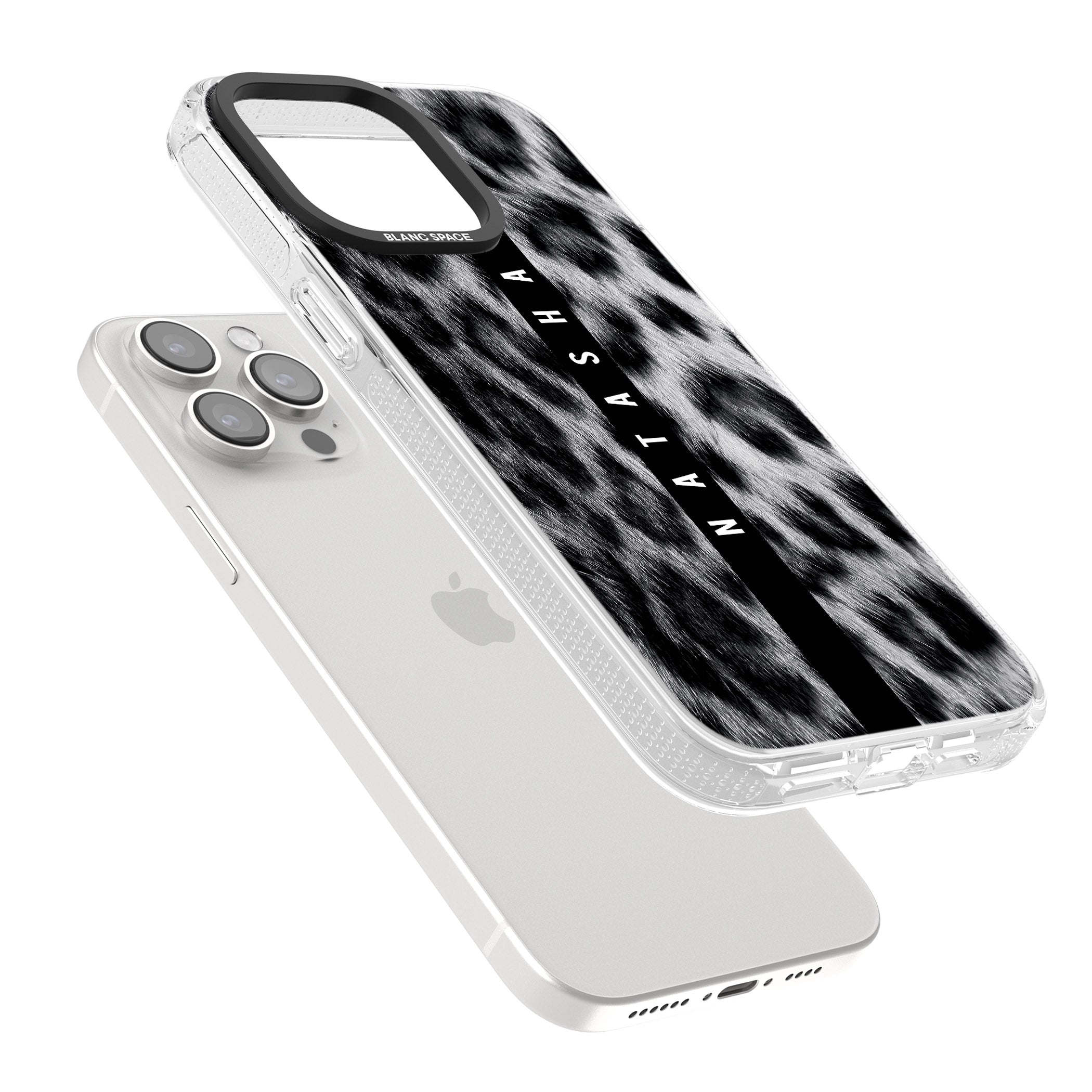 Personalised Snow Leopard Print iPhone 15 Pro Max / 15 Pro / 14 Pro Max / 14 Pro / 13 Pro Clear Case Impact Air - Blanc Space
