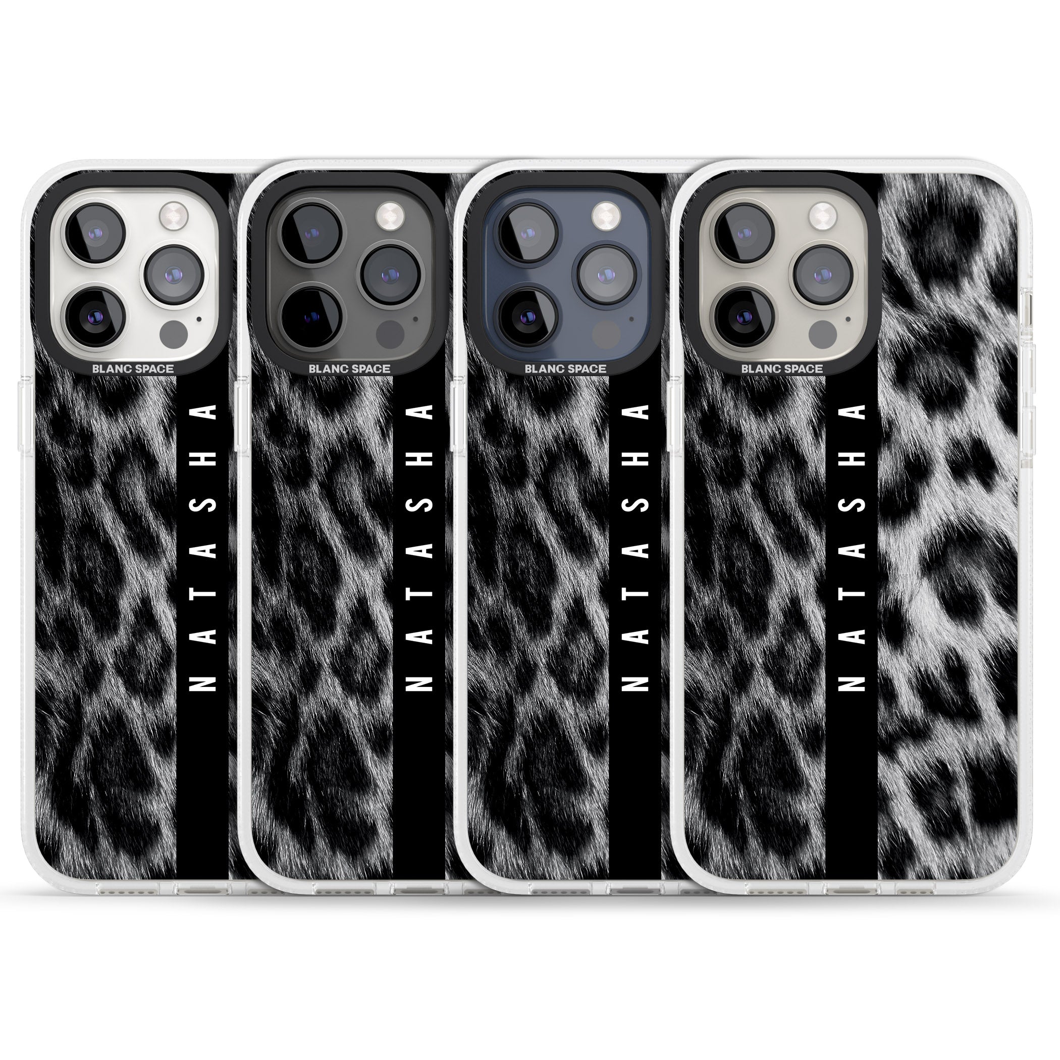 Personalised Snow Leopard Print iPhone 15 Pro Max / 15 Pro / 14 Pro Max / 14 Pro / 13 Pro Clear Case Impact Air - Blanc Space