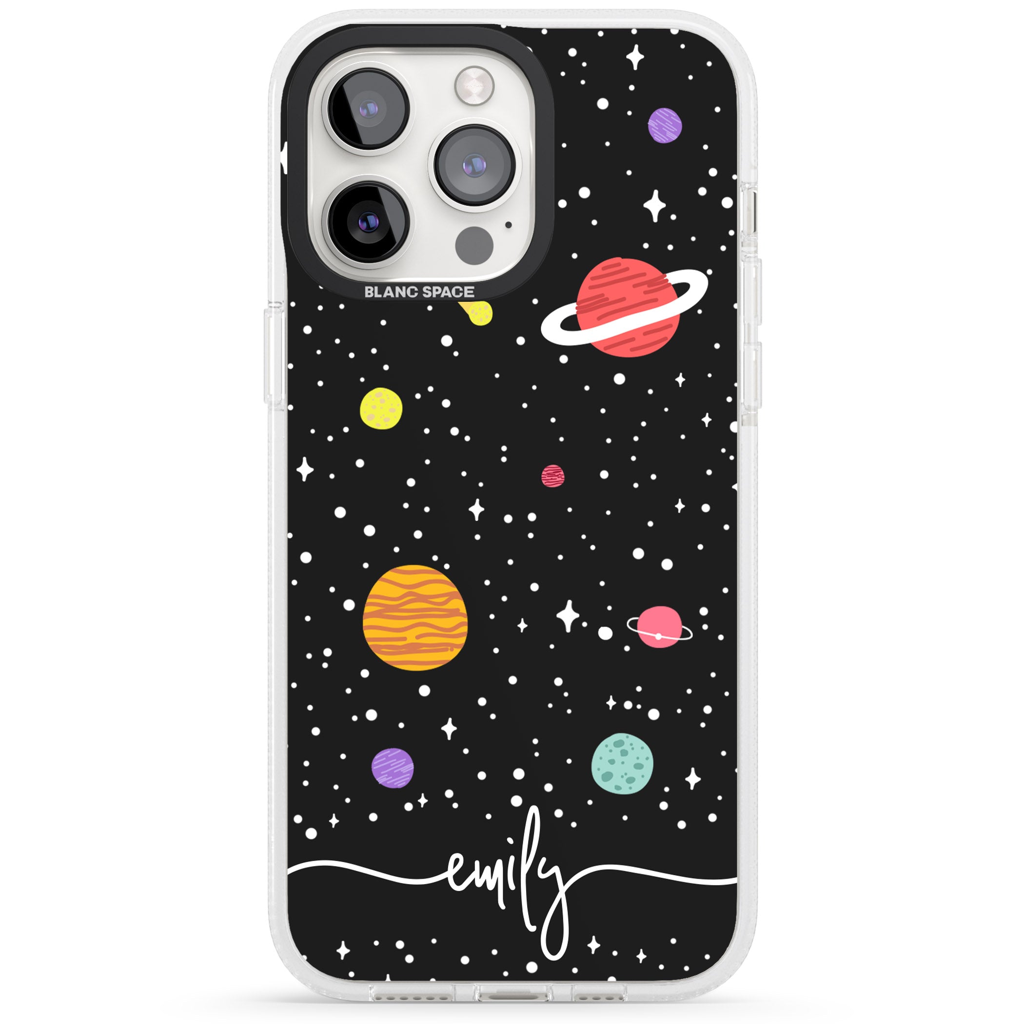 Personalised Cute Cartoon Planets iPhone 15 Pro Max / 15 Pro / 14 Pro Max / 14 Pro / 13 Pro Clear Case Impact Air - Blanc Space