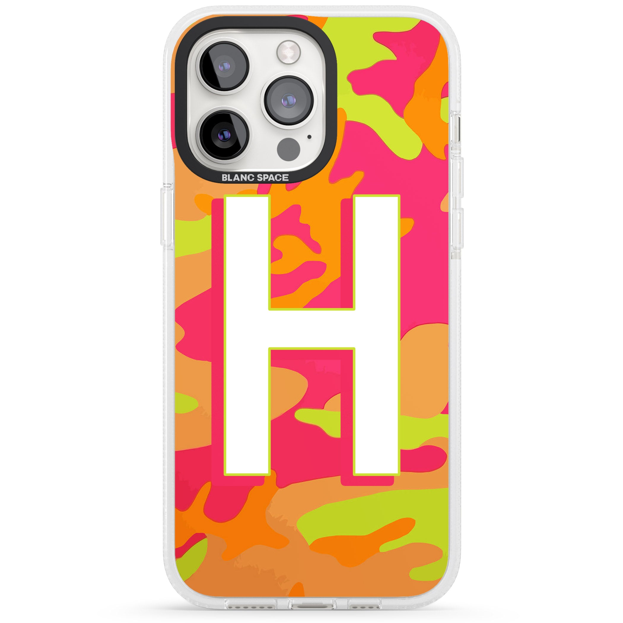 Personalised Bright Neon Camo Solid Monogram iPhone 15 Pro Max / 15 Pro / 14 Pro Max / 14 Pro / 13 Pro Clear Case Impact Air - Blanc Space