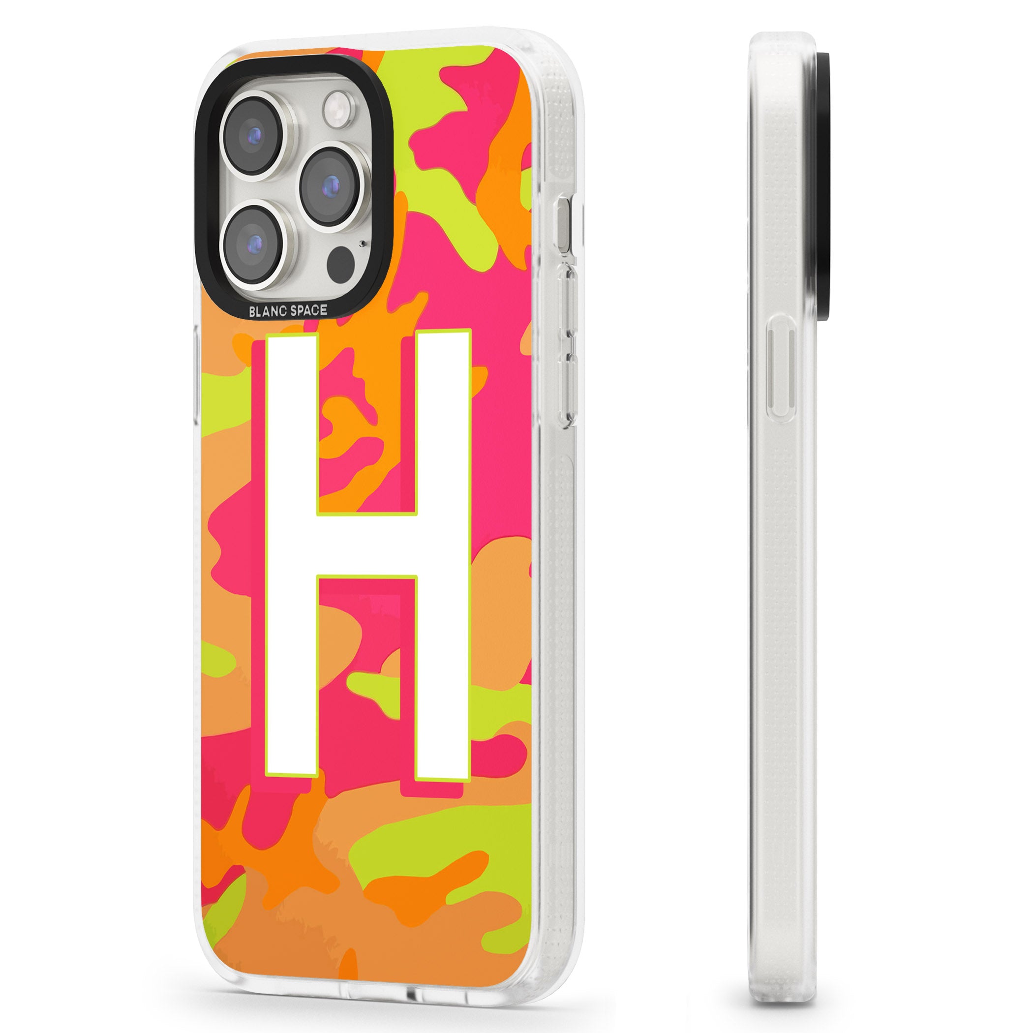 Personalised Bright Neon Camo Solid Monogram iPhone 15 Pro Max / 15 Pro / 14 Pro Max / 14 Pro / 13 Pro Clear Case Impact Air - Blanc Space