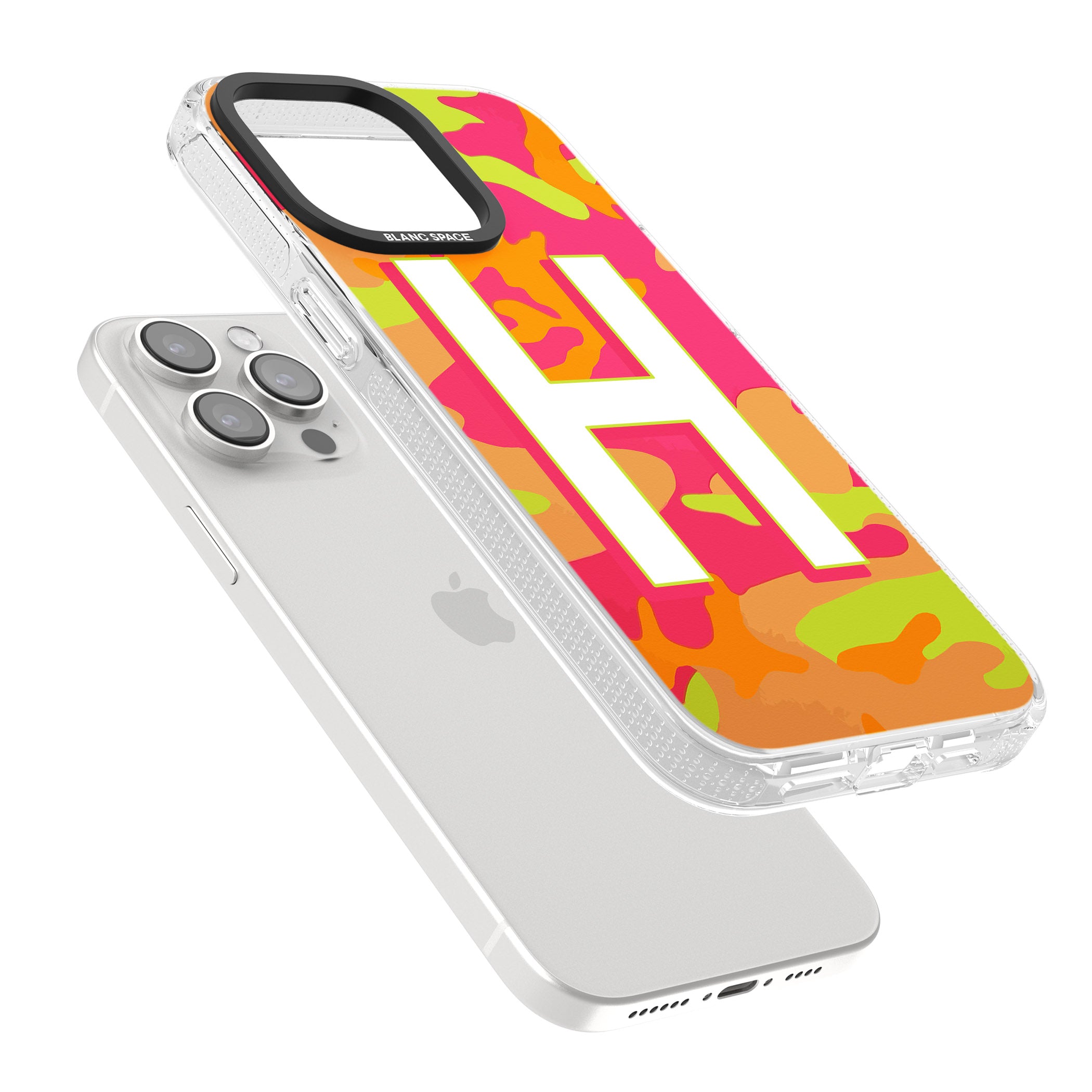 Personalised Bright Neon Camo Solid Monogram iPhone 15 Pro Max / 15 Pro / 14 Pro Max / 14 Pro / 13 Pro Clear Case Impact Air - Blanc Space