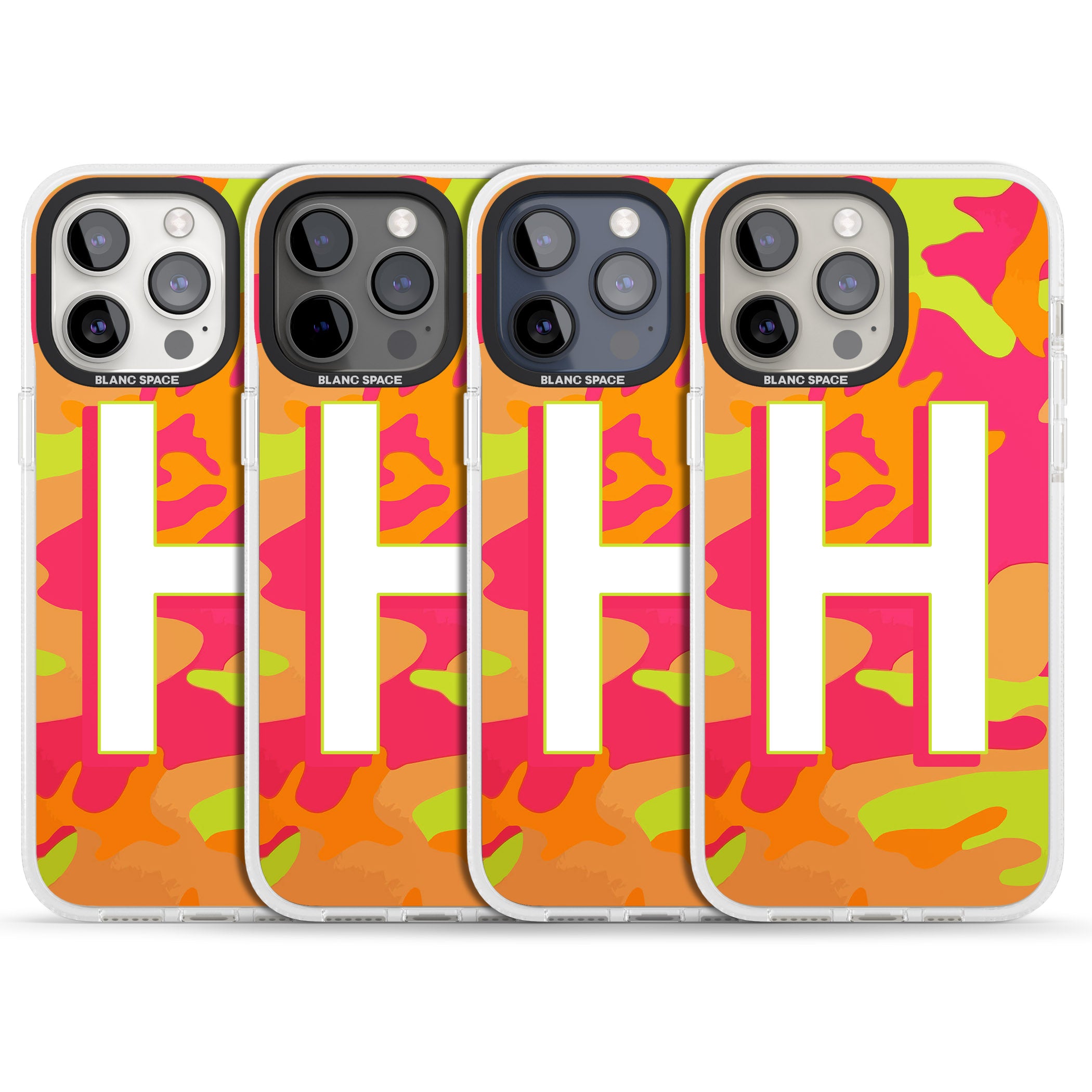 Personalised Bright Neon Camo Solid Monogram iPhone 15 Pro Max / 15 Pro / 14 Pro Max / 14 Pro / 13 Pro Clear Case Impact Air - Blanc Space