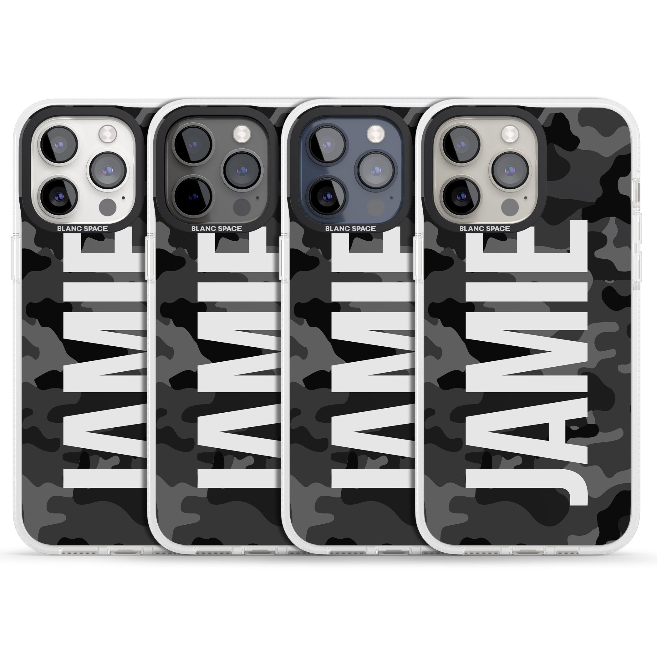 Personalised Vertical Name Black Camouflage iPhone 15 Pro Max / 15 Pro / 14 Pro Max / 14 Pro / 13 Pro Clear Case Impact Air - Blanc Space