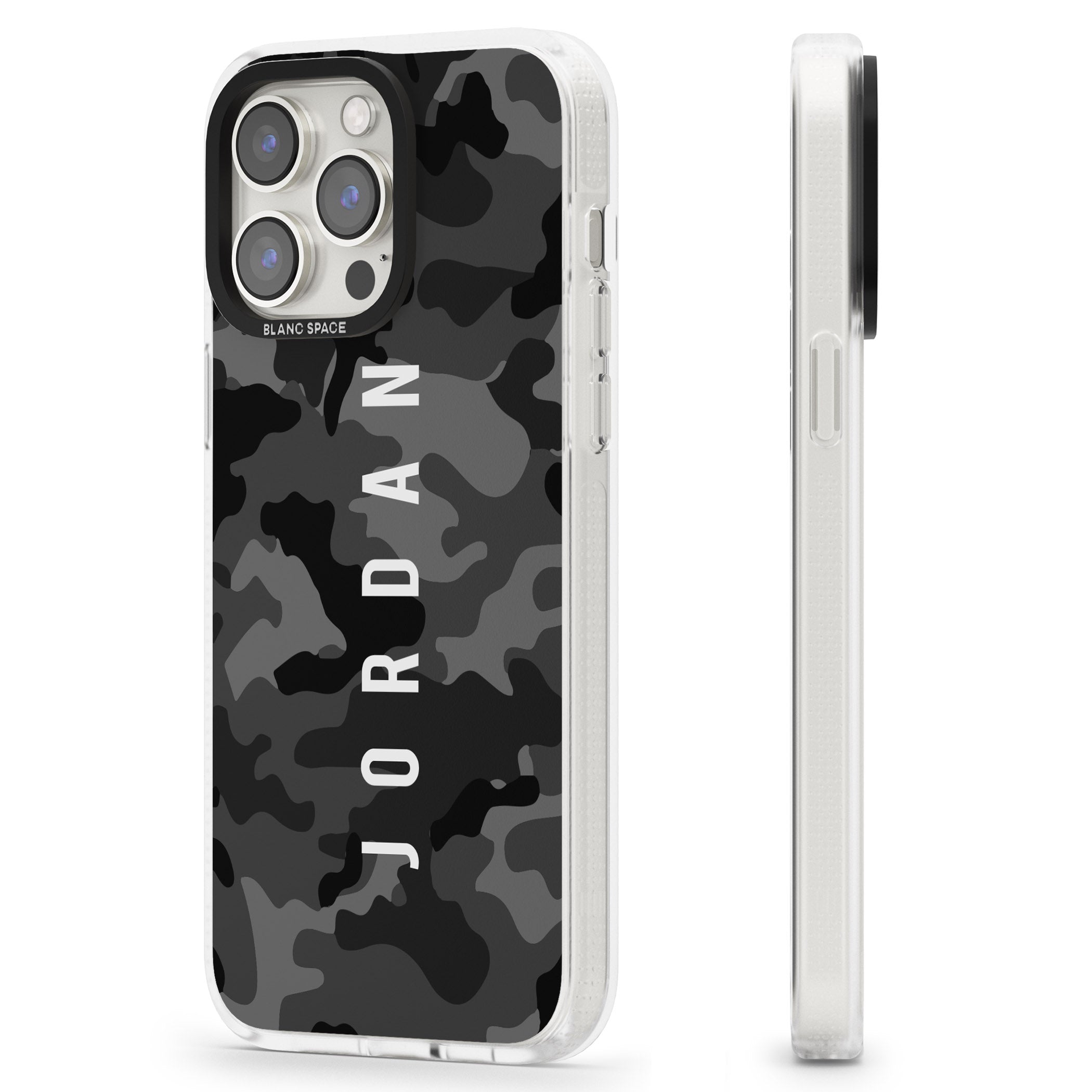 Personalised Small Vertical Name Black Camouflage iPhone 15 Pro Max / 15 Pro / 14 Pro Max / 14 Pro / 13 Pro Clear Case Impact Air - Blanc Space
