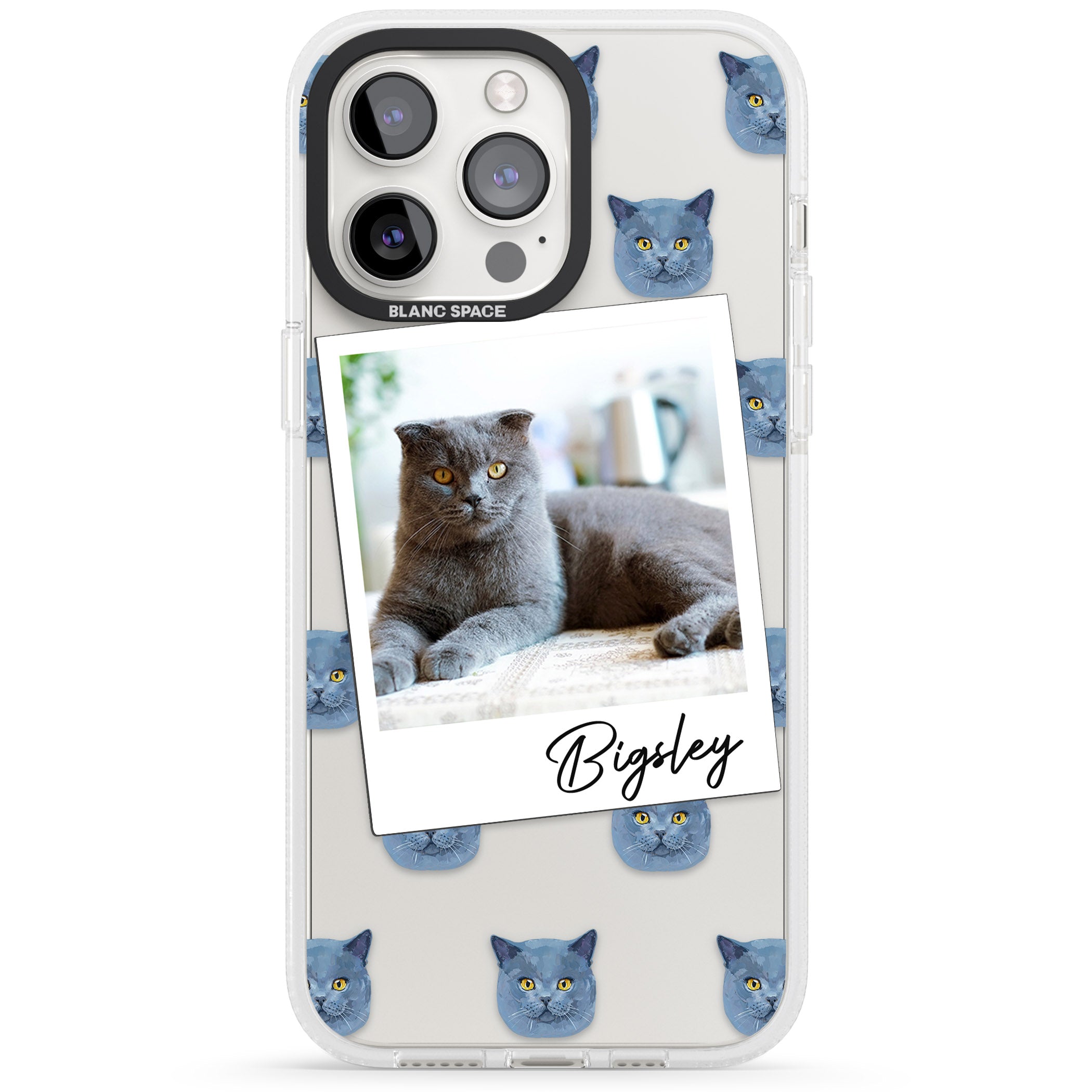 Personalised English Blue Cat Photo iPhone 15 Pro Max / 15 Pro / 14 Pro Max / 14 Pro / 13 Pro Clear Case Impact Air - Blanc Space