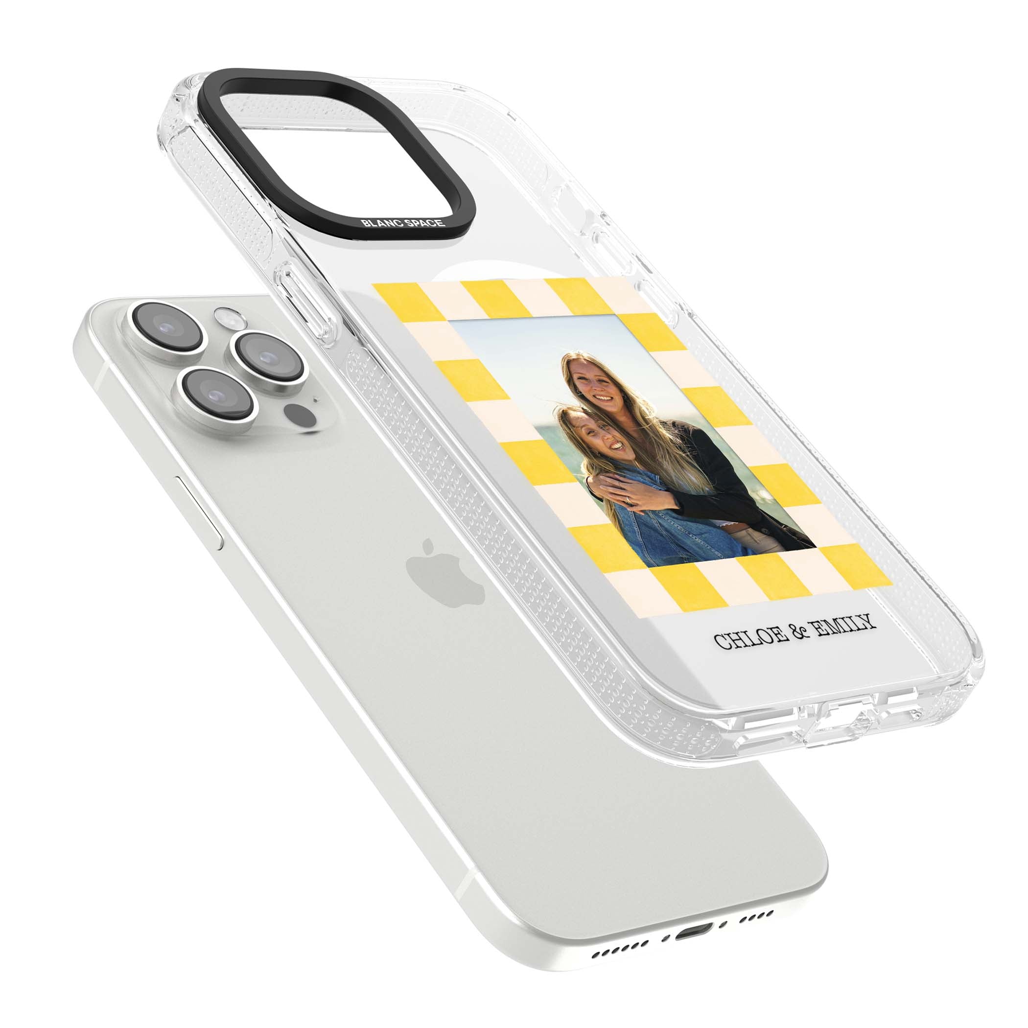 Yellow Check Photo personalised iPhone case with yellow checkered Polaroid frame and custom names beneath | Clear Case Impact Air case for iPhone 15 Pro, iPhone 15 Pro Max