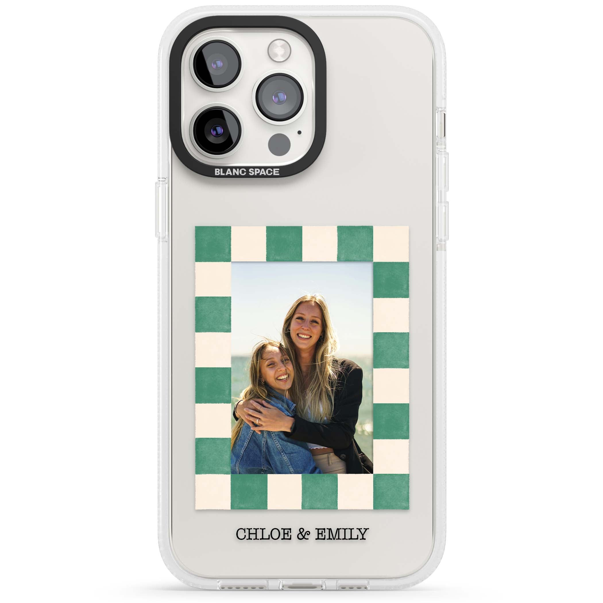Seafoam Check Photo personalised iPhone case featuring a custom polaroid photo, green and cream checkered frame, and custom n | Clear Case Impact Air case for iPhone 15 Pro, iPhone 15 Pro Max