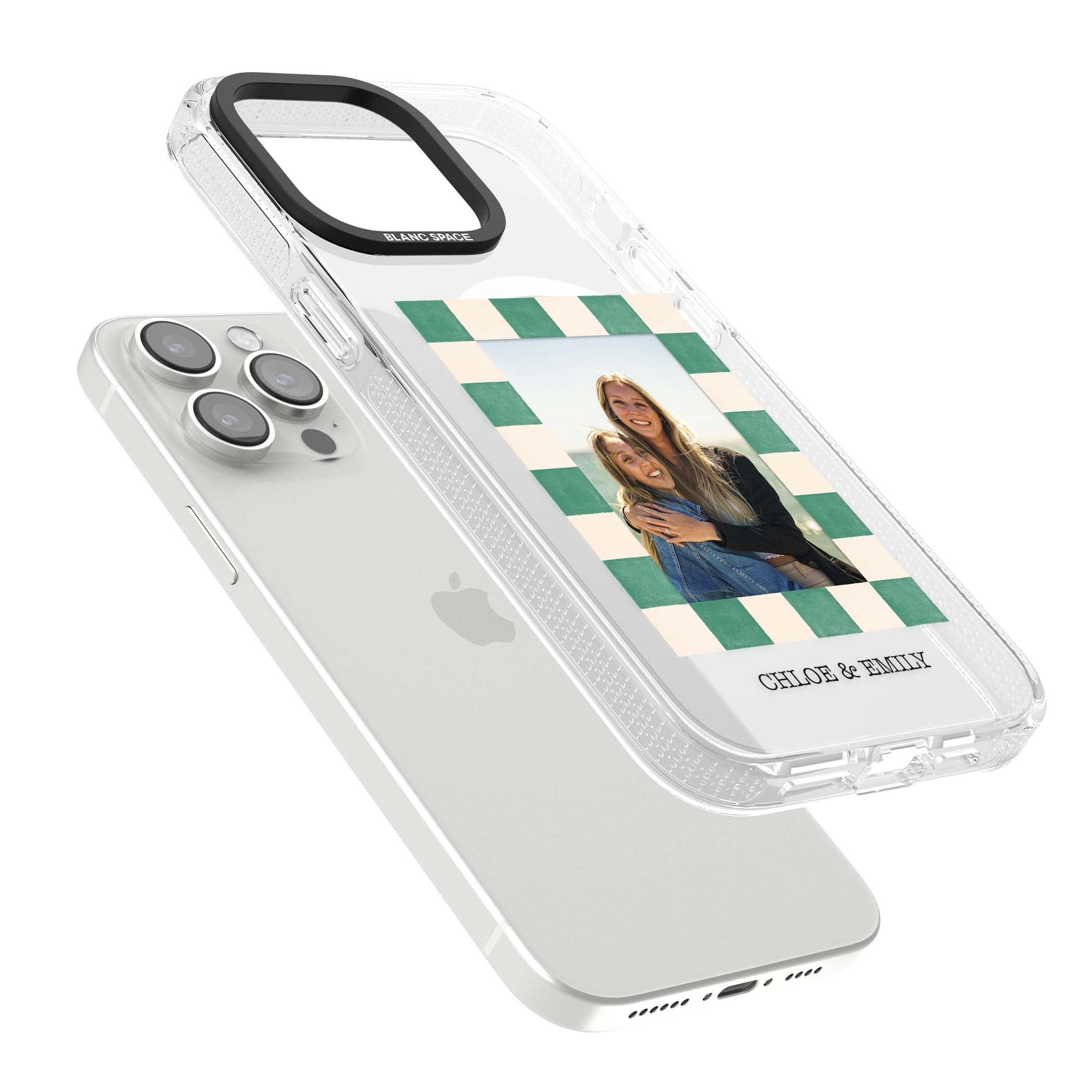 Seafoam Check Photo personalised iPhone case featuring a custom polaroid photo, green and cream checkered frame, and custom n | Clear Case Impact Air case for iPhone 15 Pro, iPhone 15 Pro Max