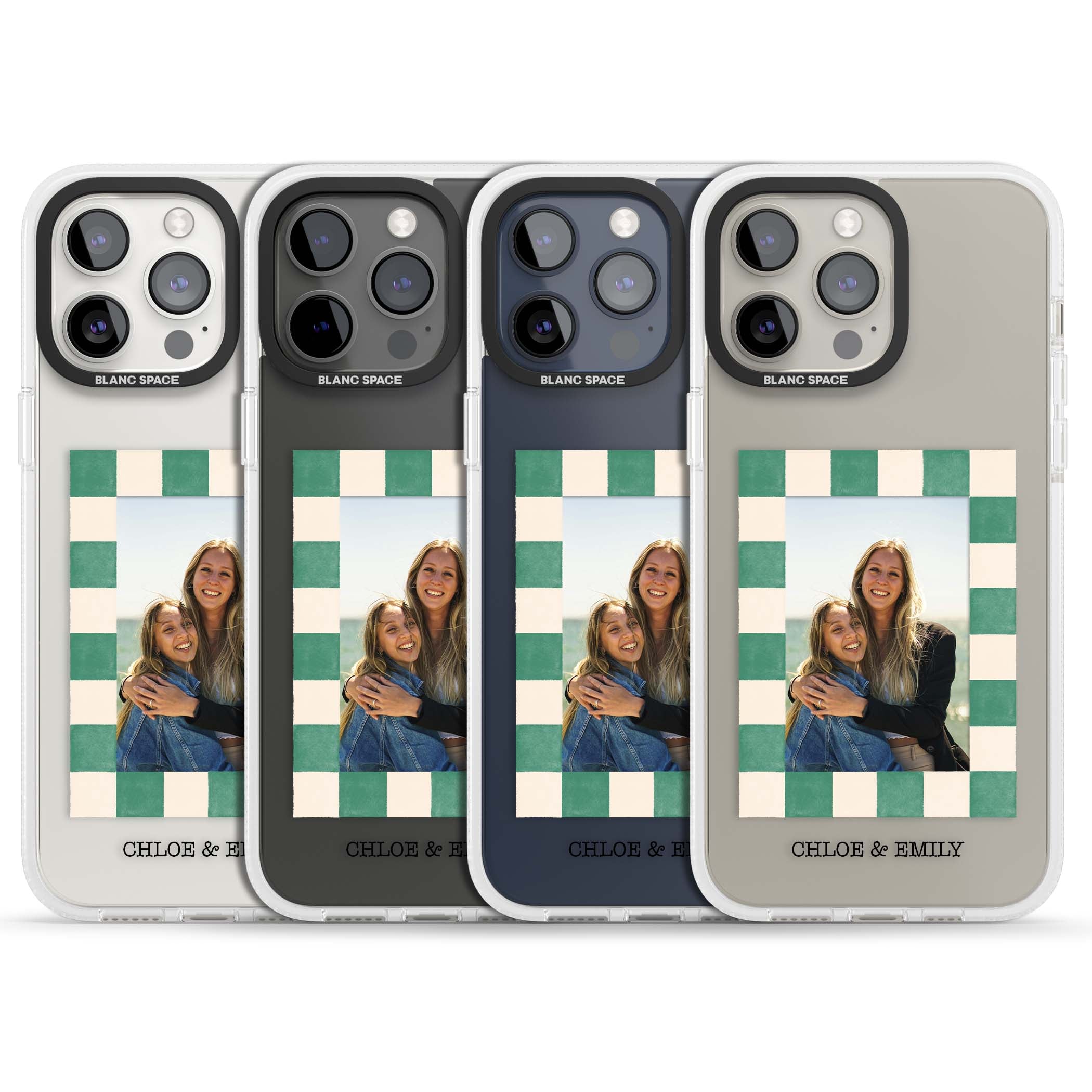 Seafoam Check Photo personalised iPhone case featuring a custom polaroid photo, green and cream checkered frame, and custom n | Clear Case Impact Air case for iPhone 15 Pro, iPhone 15 Pro Max