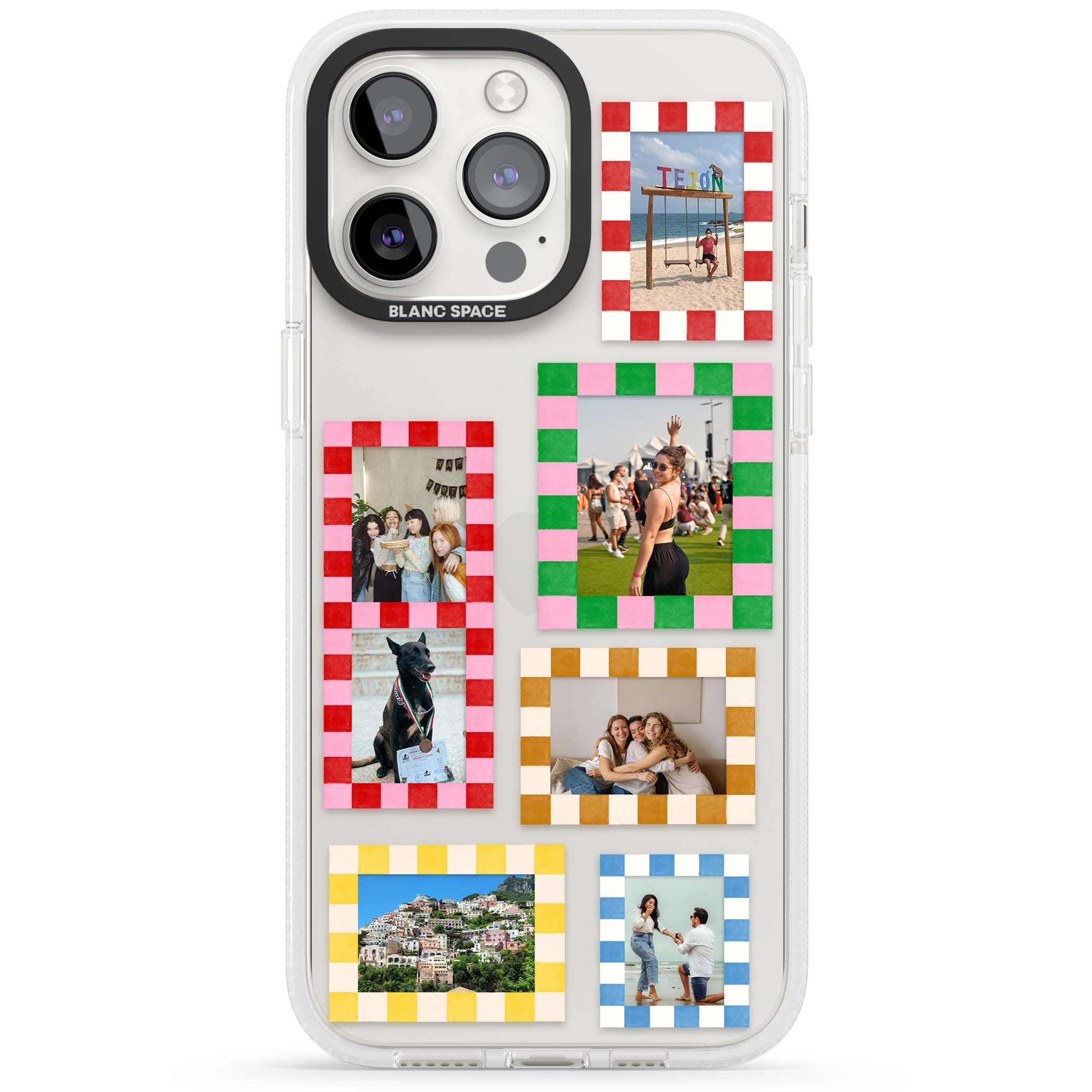 Italian Check Frames custom photo collage iPhone case featuring six checkered photo frames in red, green, pink and | Clear Case Impact Air case for iPhone 15 Pro, iPhone 15 Pro Max