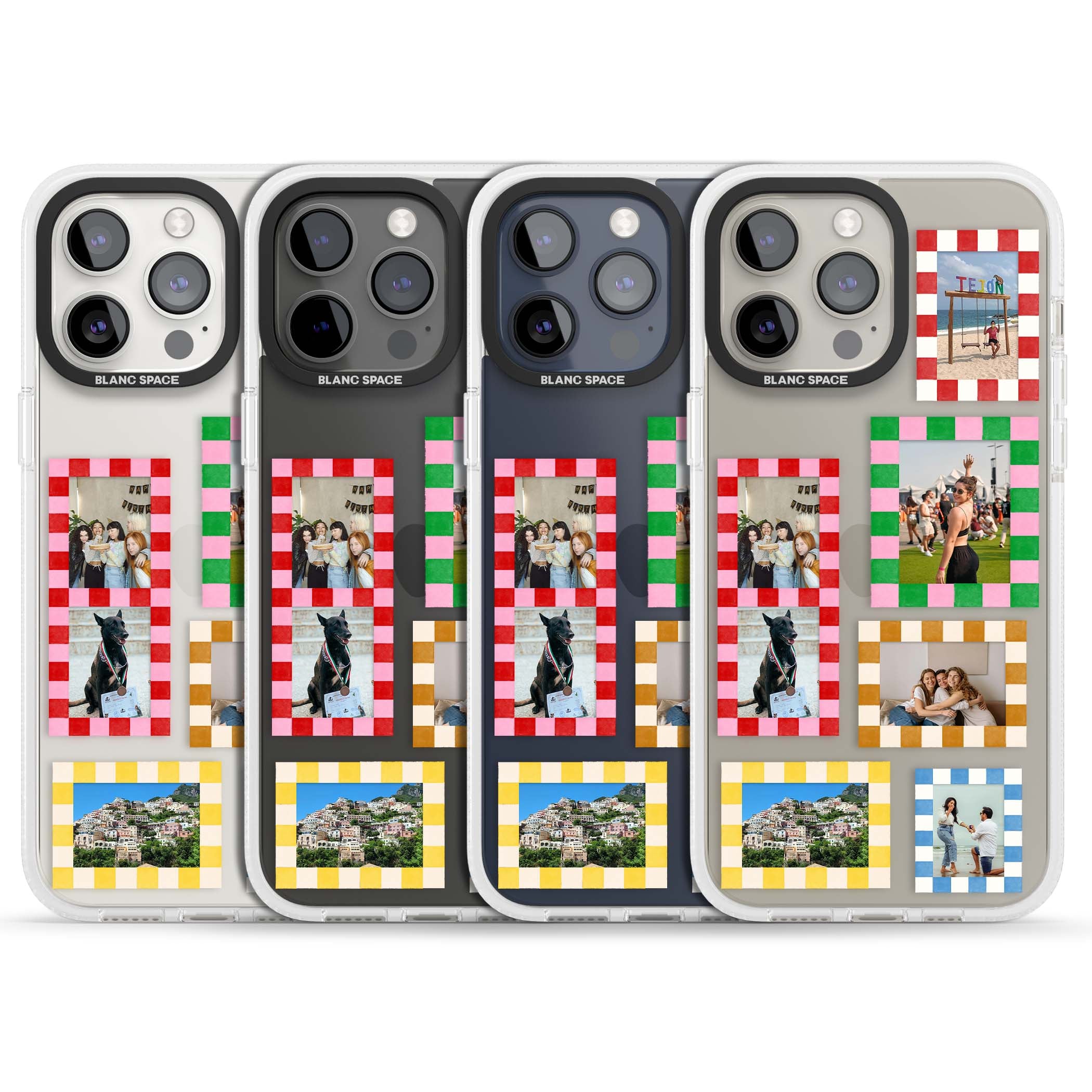 Italian Check Frames custom photo collage iPhone case featuring six checkered photo frames in red, green, pink and | Clear Case Impact Air case for iPhone 15 Pro, iPhone 15 Pro Max