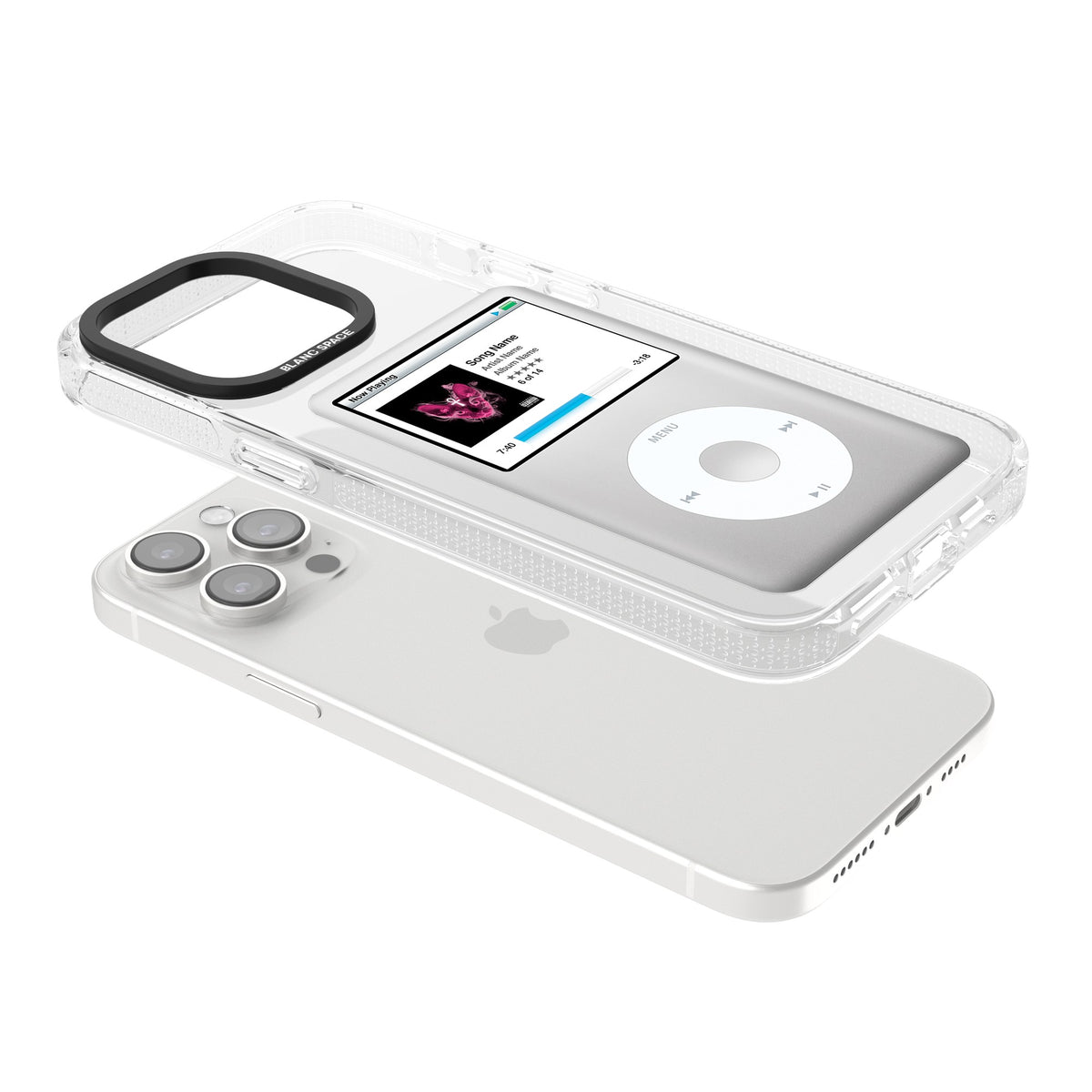Personalised Classic Ipod iPhone 13 Pro / iPhone 13 Pro Max / iPhone 14 Pro / iPhone 14 Pro Max / iPhone 15 Pro / iPhone 15 Pro Max Impact Air Clear Phone Case angled