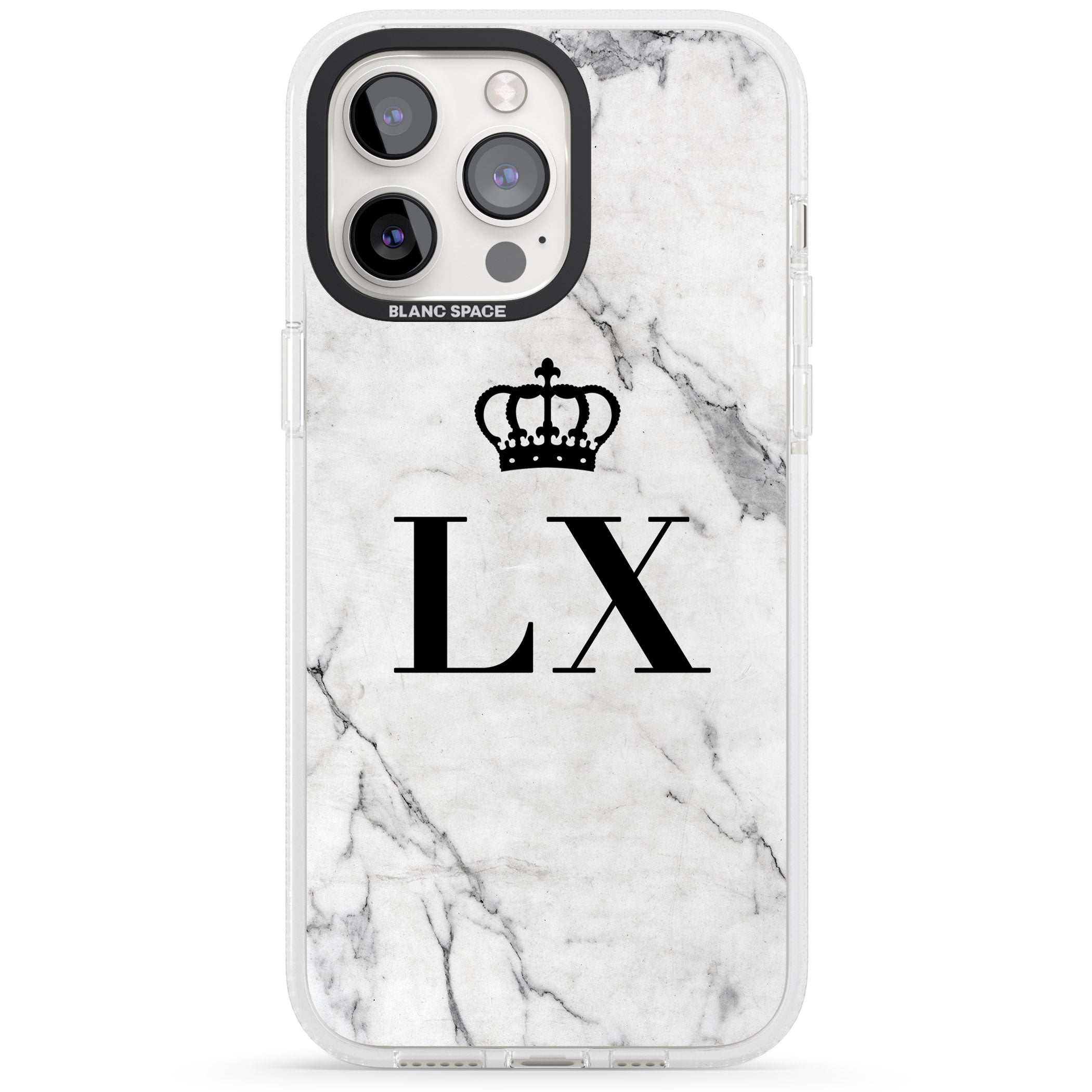 Personalised Initials with Crown on White Marble iPhone 15 Pro Max / 15 Pro / 14 Pro Max / 14 Pro / 13 Pro Clear Case Impact Air - Blanc Space