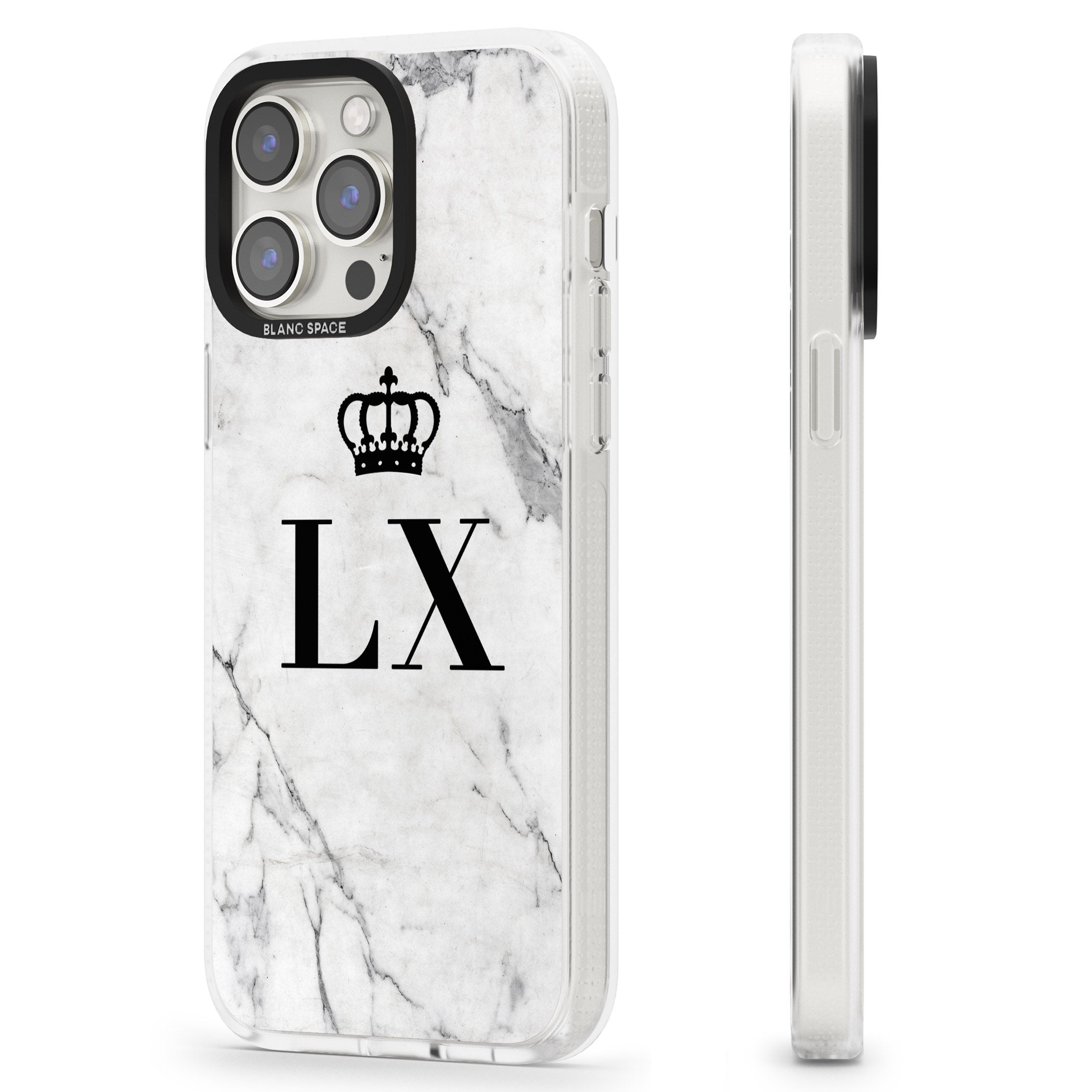 Personalised Initials with Crown on White Marble iPhone 15 Pro Max / 15 Pro / 14 Pro Max / 14 Pro / 13 Pro Clear Case Impact Air - Blanc Space