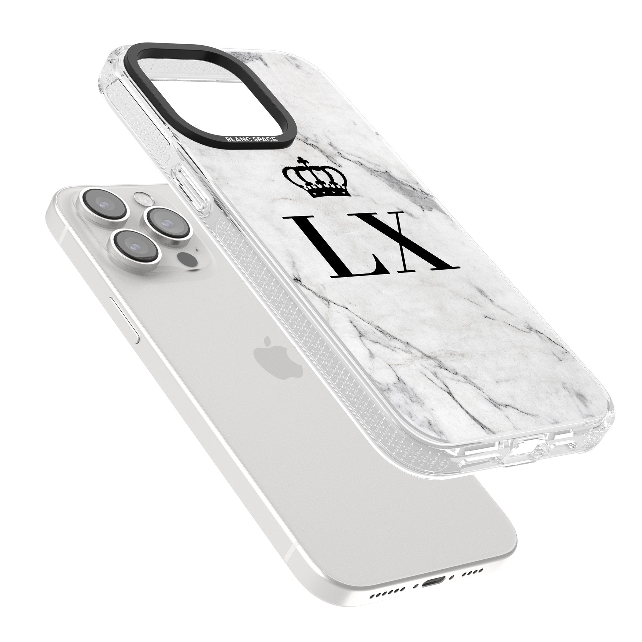Personalised Initials with Crown on White Marble iPhone 15 Pro Max / 15 Pro / 14 Pro Max / 14 Pro / 13 Pro Clear Case Impact Air - Blanc Space