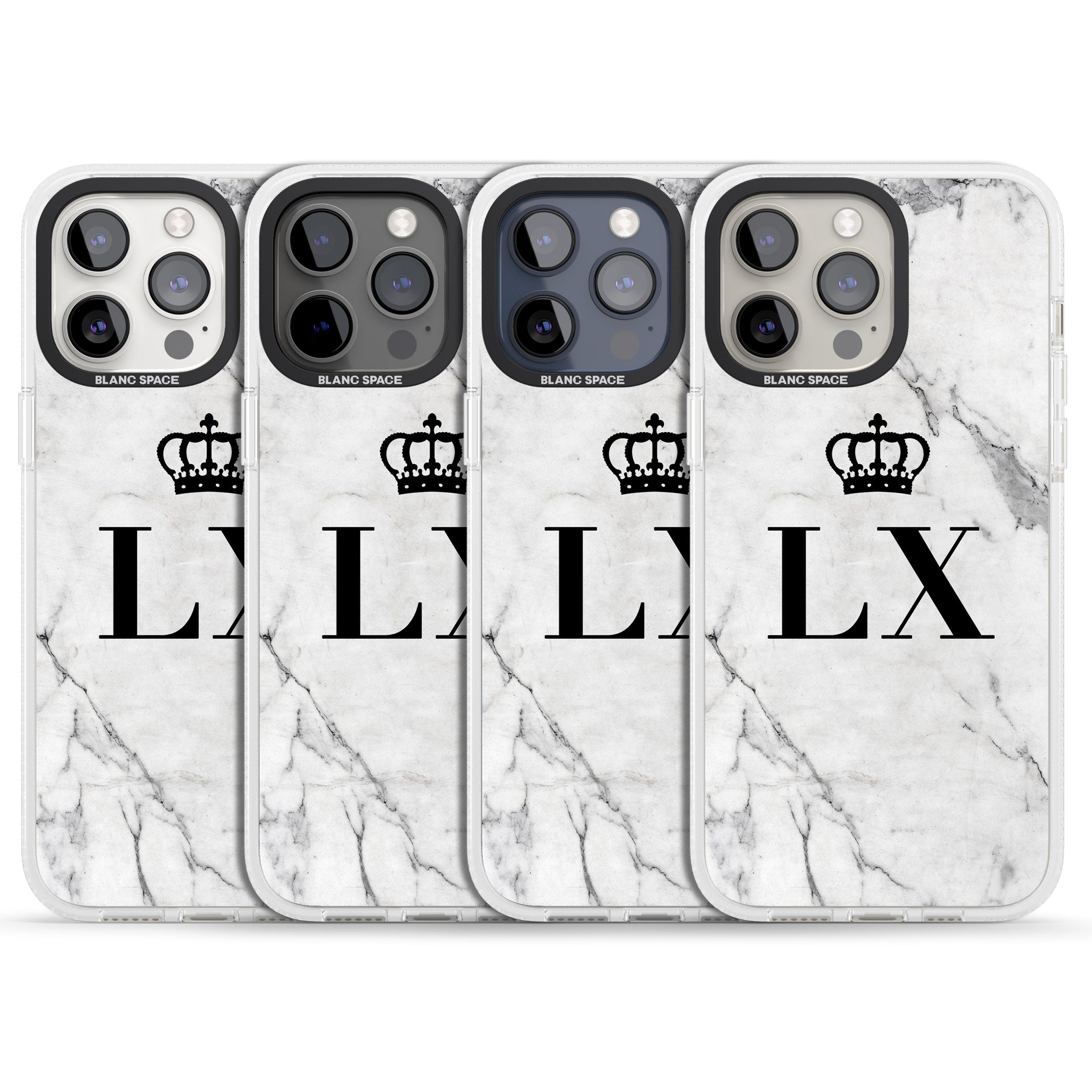 Personalised Initials with Crown on White Marble iPhone 15 Pro Max / 15 Pro / 14 Pro Max / 14 Pro / 13 Pro Clear Case Impact Air - Blanc Space