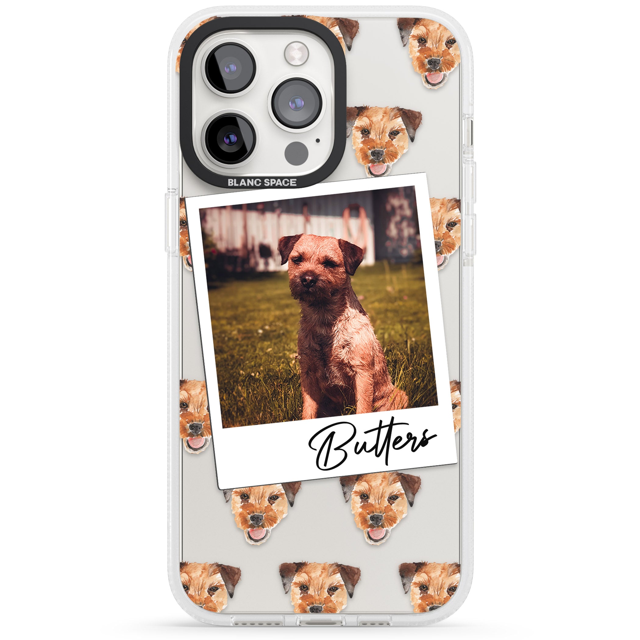 Personalised Border Terrier - Dog Photo iPhone 15 Pro Max / 15 Pro / 14 Pro Max / 14 Pro / 13 Pro Clear Case Impact Air - Blanc Space