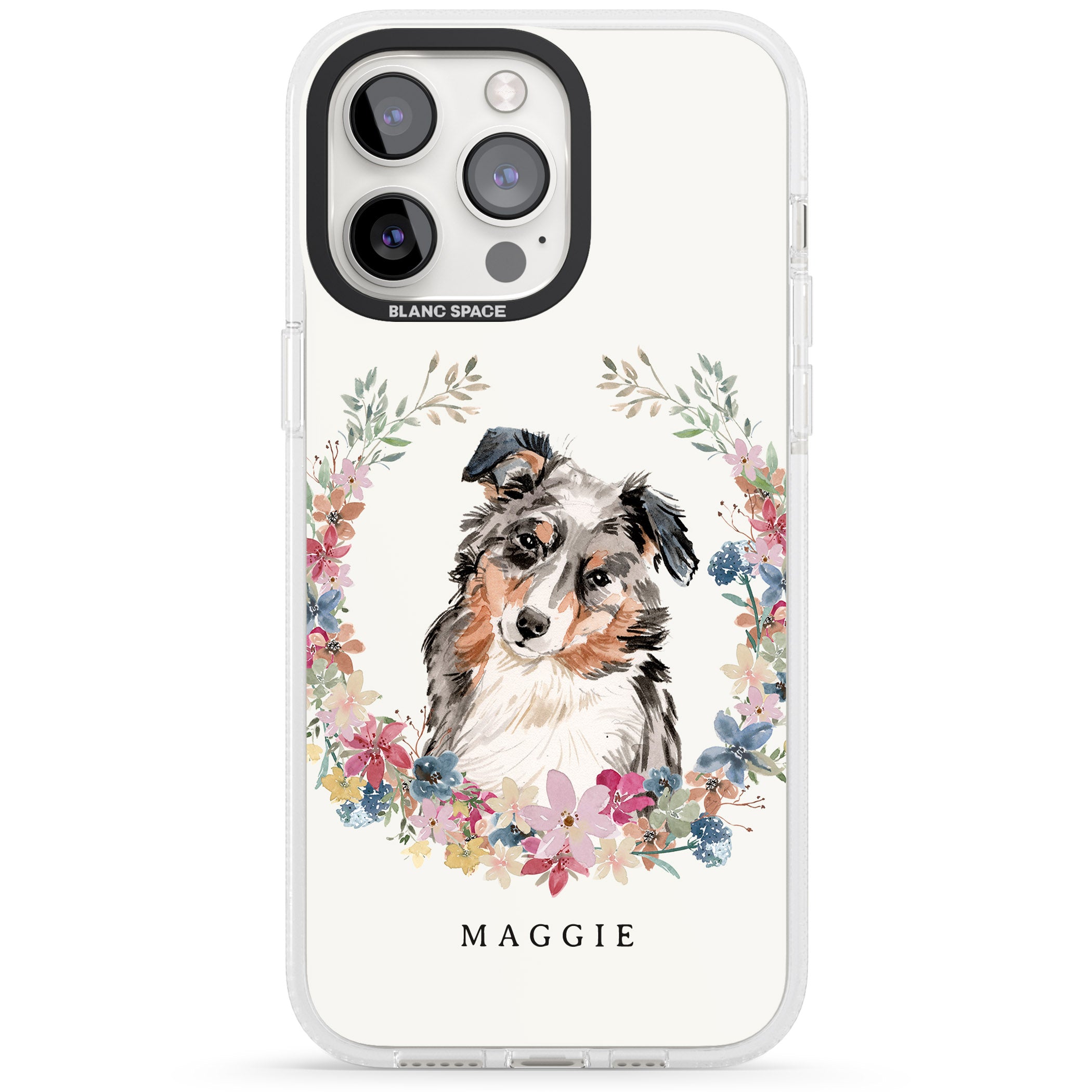 Personalised Australian Shepherd Watercolour Dog Portrait iPhone 15 Pro Max / 15 Pro / 14 Pro Max / 14 Pro / 13 Pro Clear Case Impact Air - Blanc Space