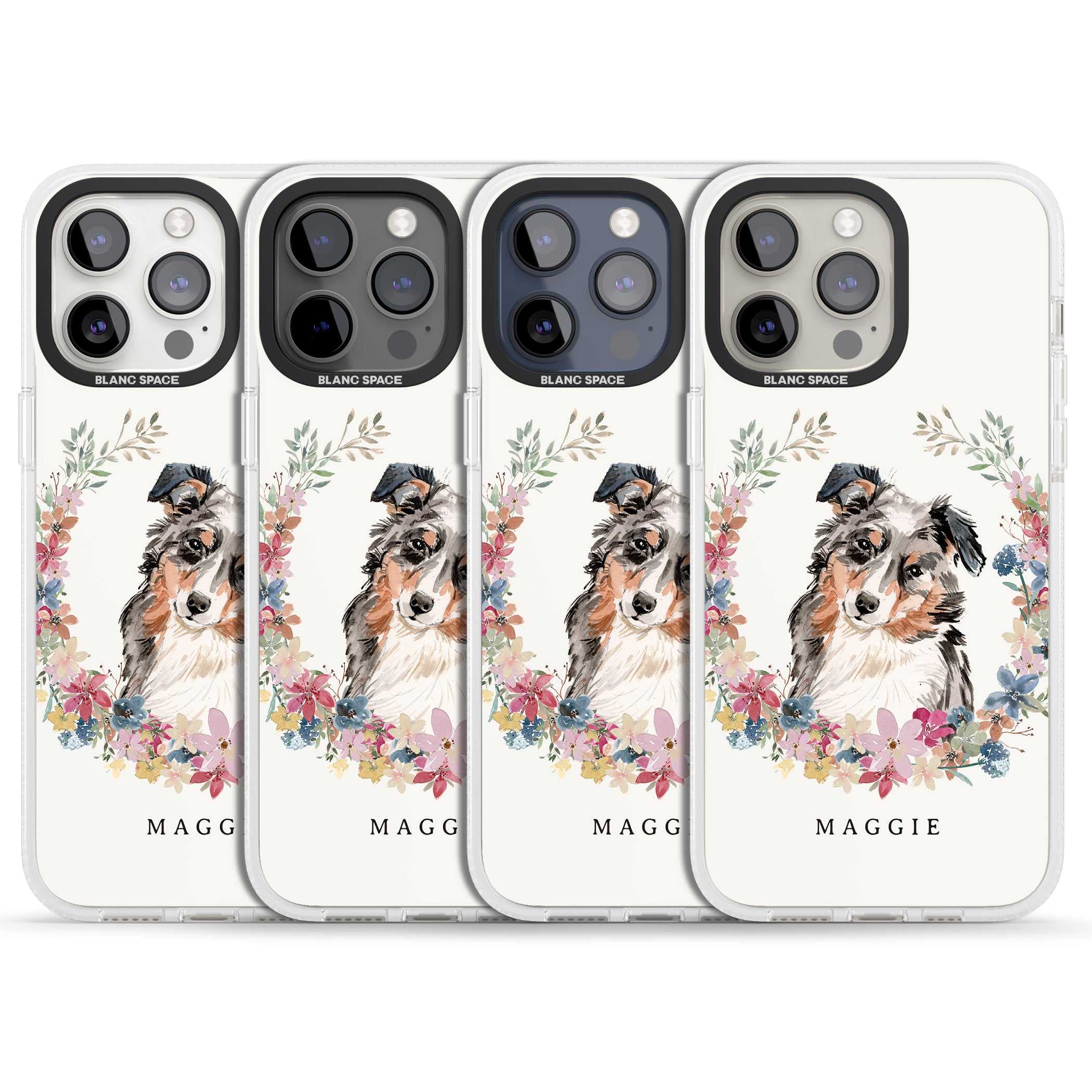Personalised Australian Shepherd Watercolour Dog Portrait iPhone 15 Pro Max / 15 Pro / 14 Pro Max / 14 Pro / 13 Pro Clear Case Impact Air - Blanc Space